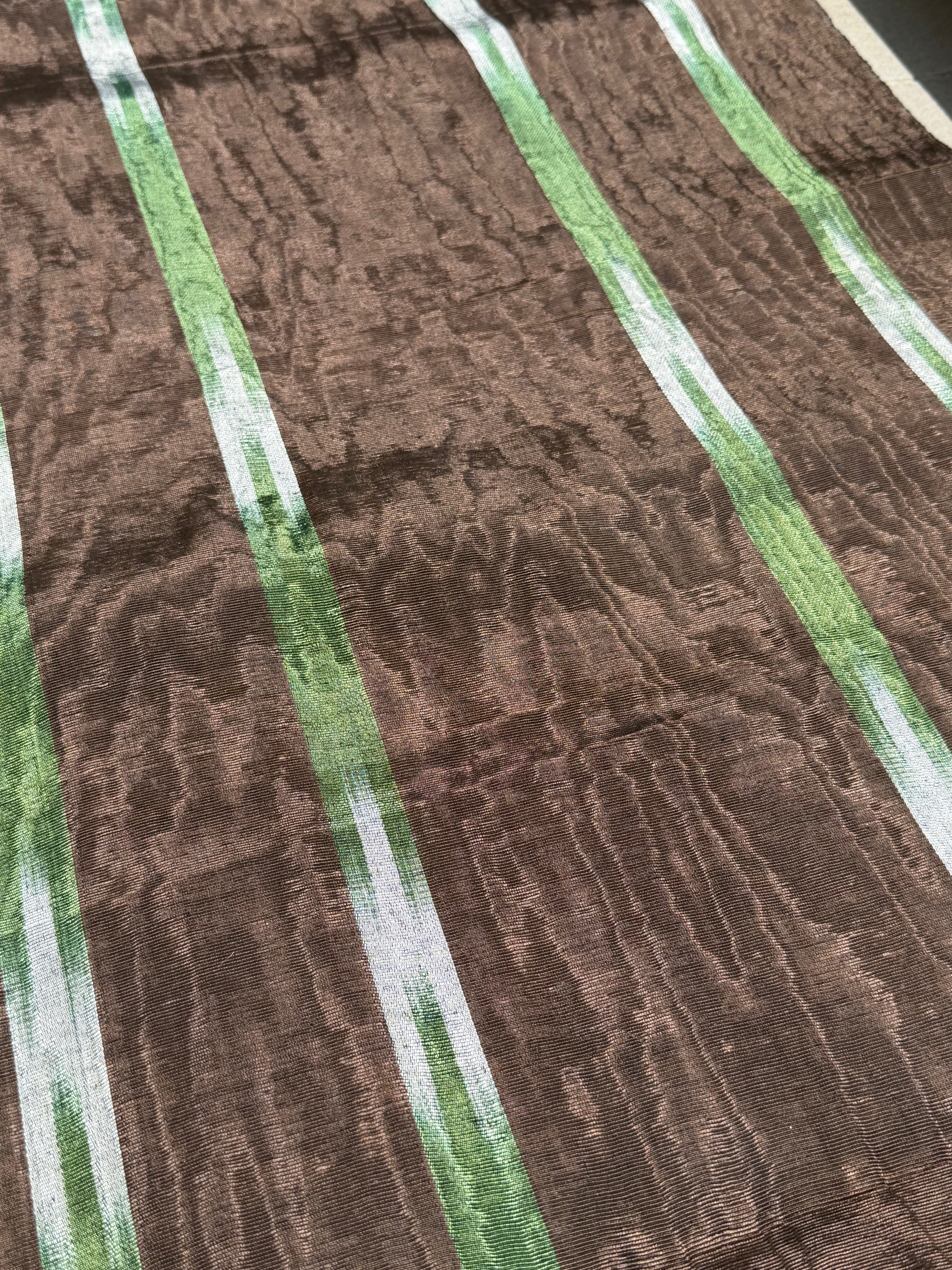 Brown Green Ikat Stripe Silk Moiré Fabric – 50/50 Silk Cotton Blend | Ottoman-Inspired Textile