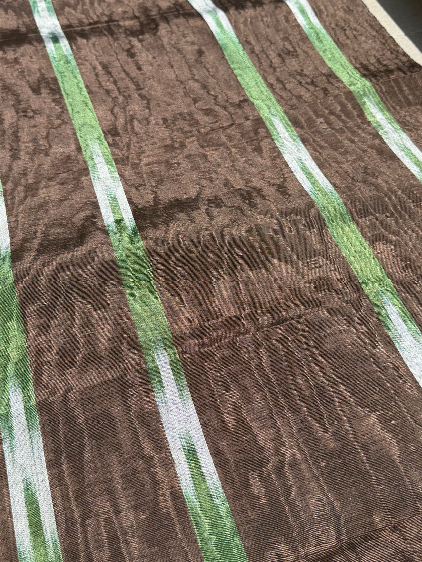 Brown Green Ikat Stripe Silk Moiré Fabric – 50/50 Silk Cotton Blend | Ottoman-Inspired Textile