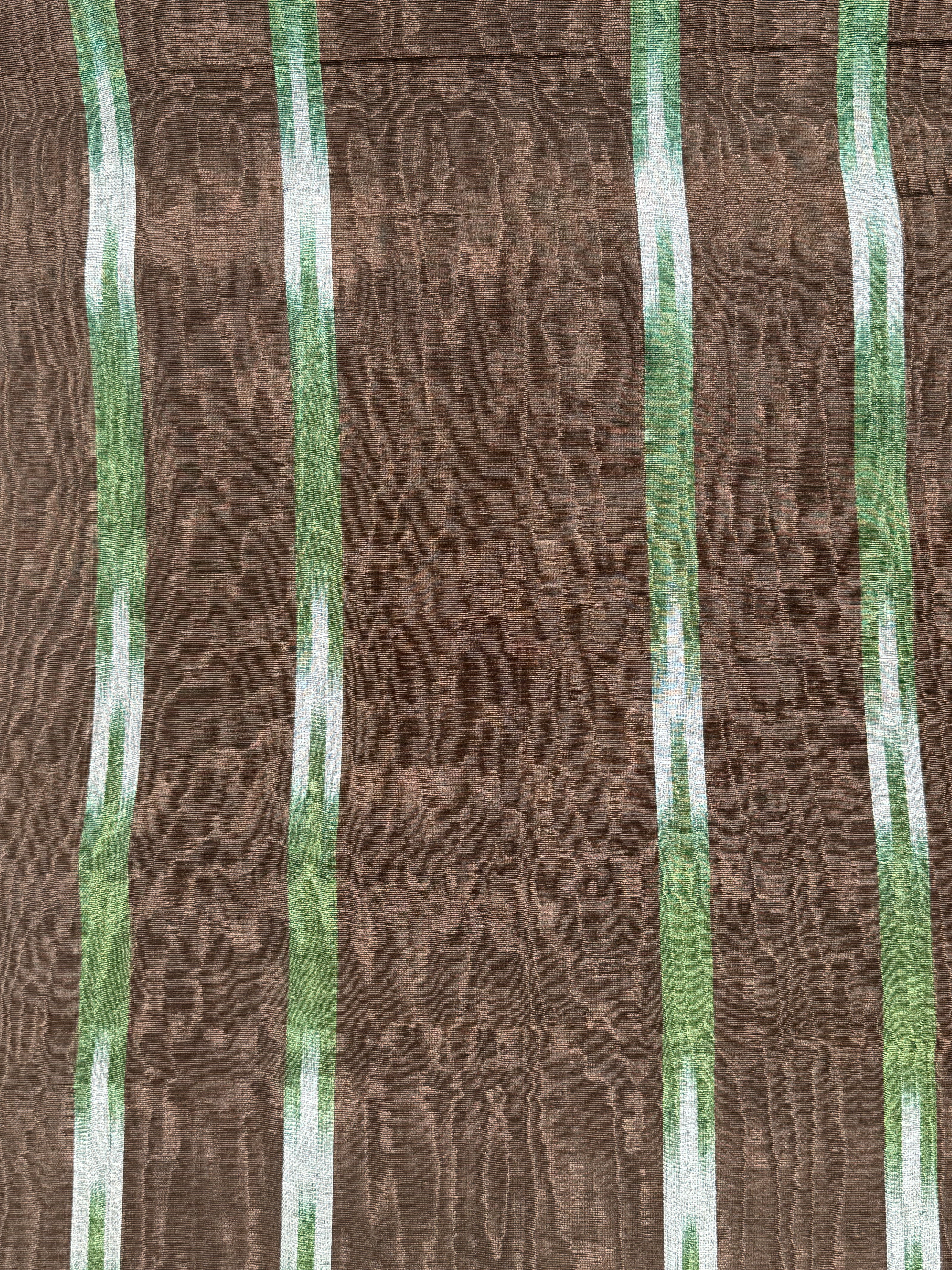 Brown Green Ikat Stripe Silk Moiré Fabric – 50/50 Silk Cotton Blend | Ottoman-Inspired Textile