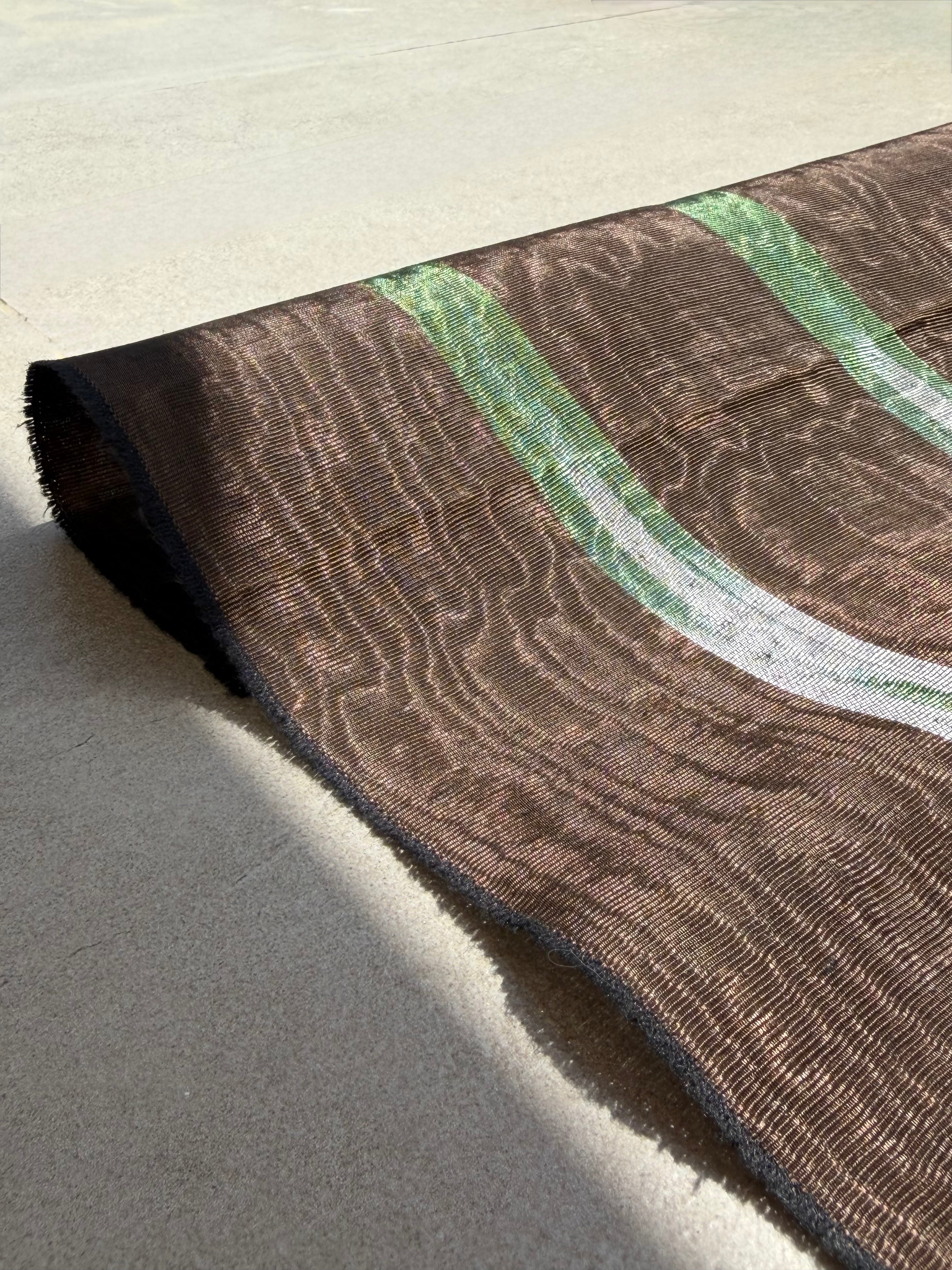 Brown Green Ikat Stripe Silk Moiré Fabric – 50/50 Silk Cotton Blend | Ottoman-Inspired Textile