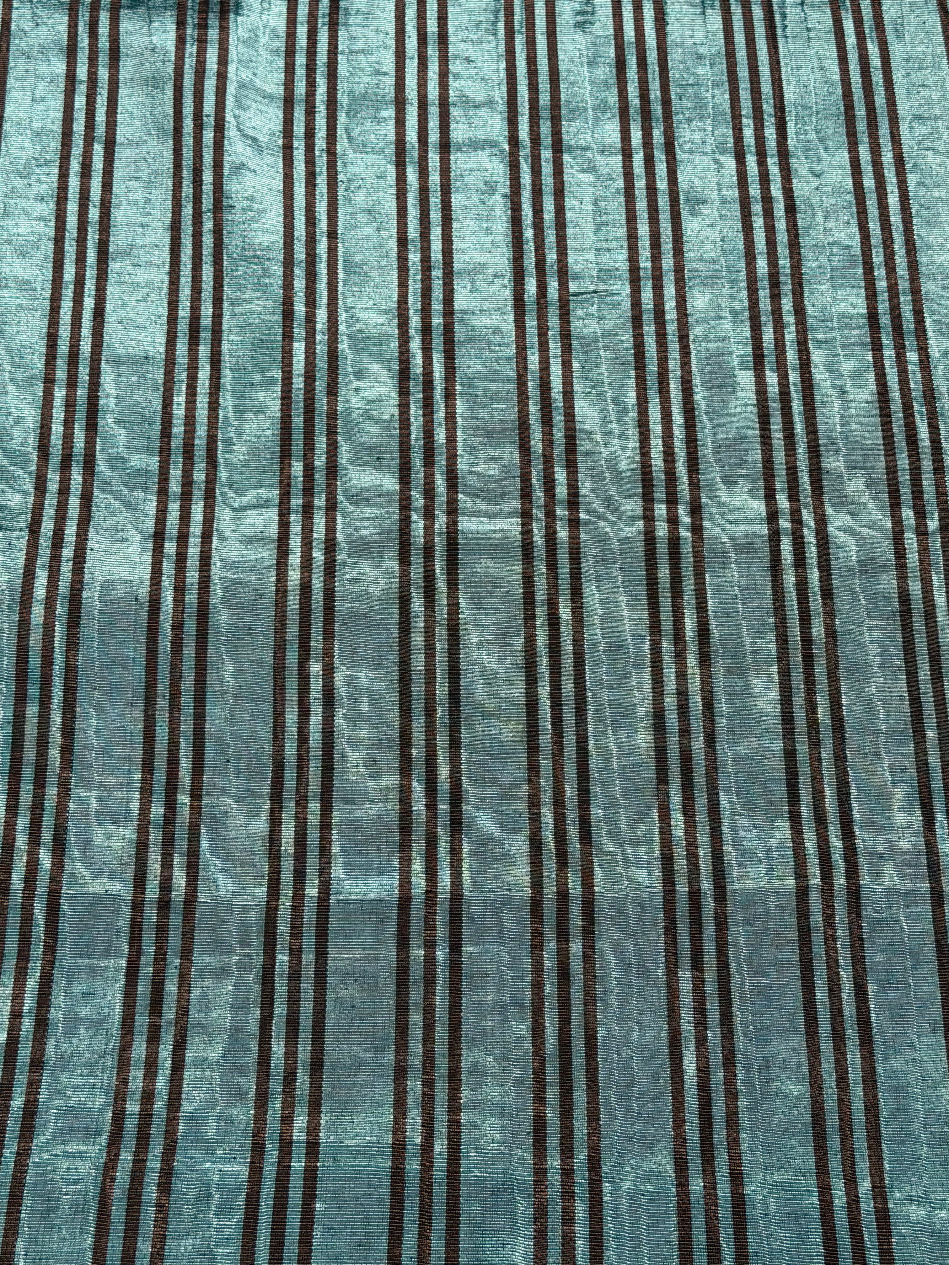 Aqua Brown Stripe Silk Moiré Fabric – 50/50 Silk Cotton Blend | Ottoman-Inspired Textile