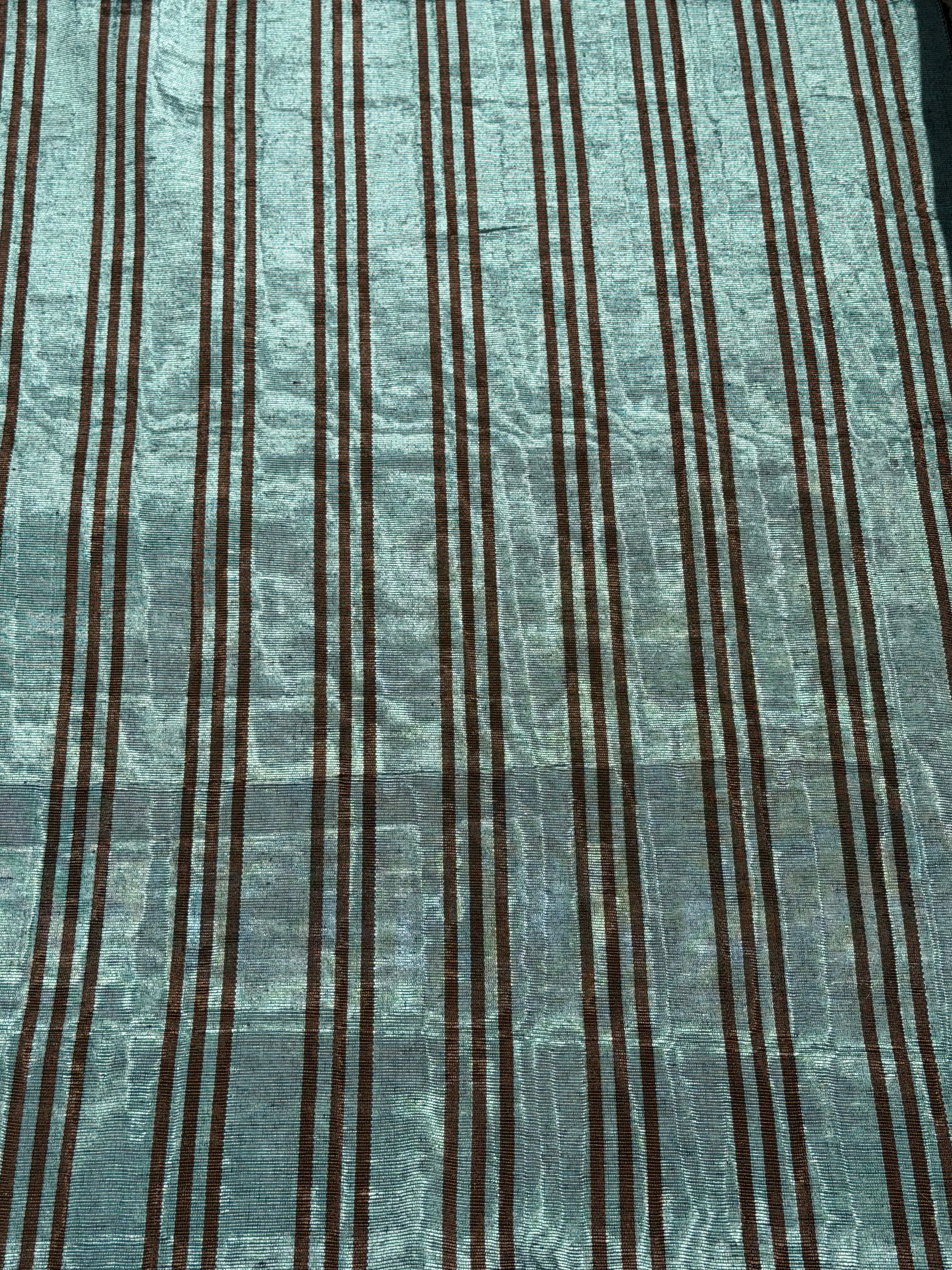 Aqua Brown Stripe Silk Moiré Fabric – 50/50 Silk Cotton Blend | Ottoman-Inspired Textile