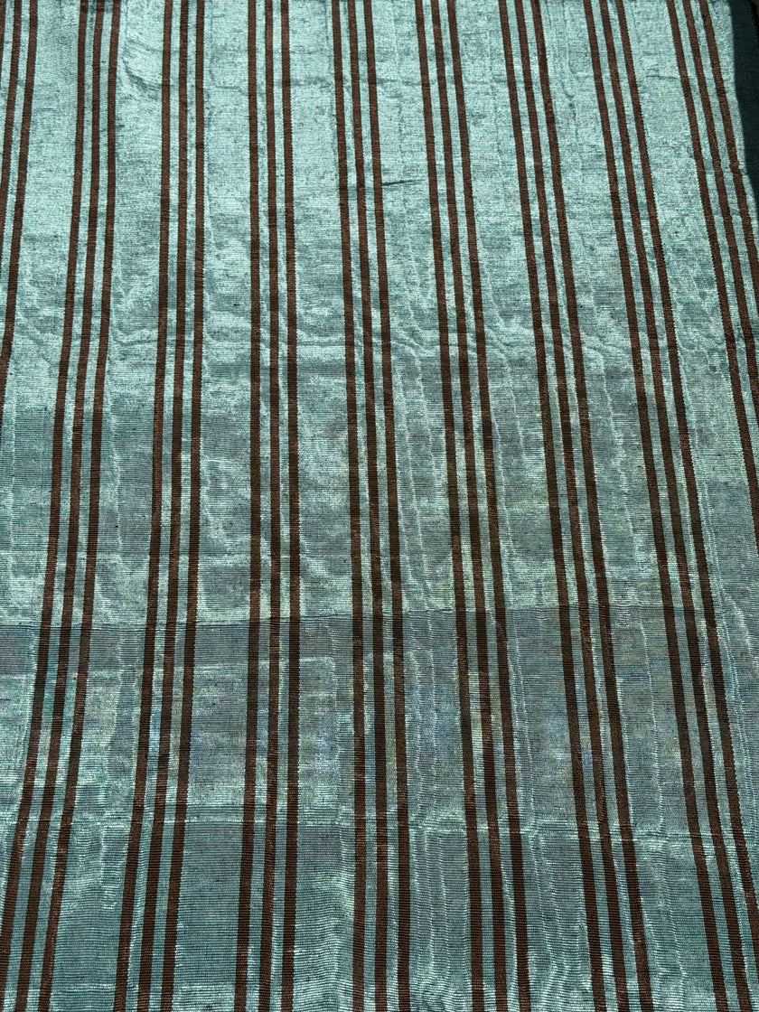 Aqua Brown Stripe Silk Moiré Fabric – 50/50 Silk Cotton Blend | Ottoman-Inspired Textile