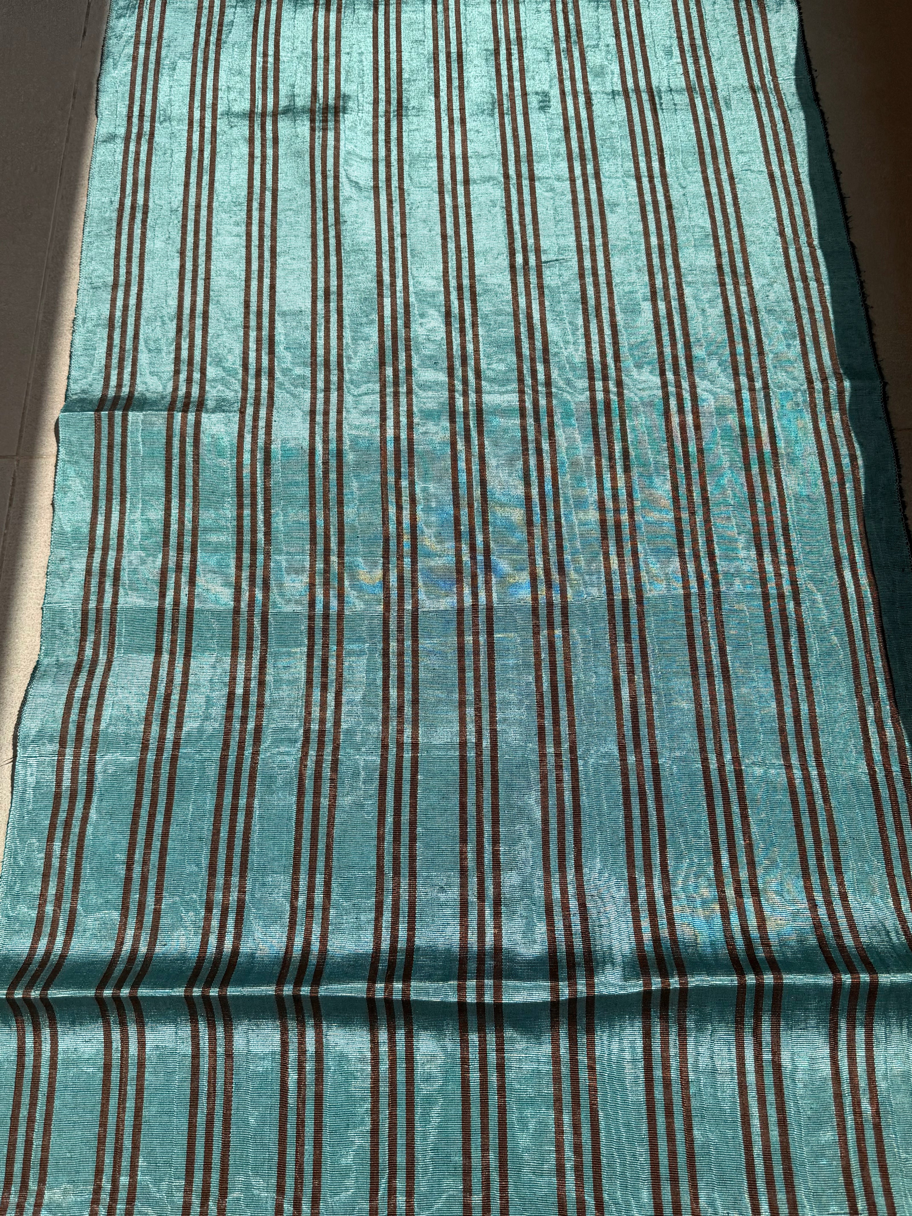 Aqua Brown Stripe Silk Moiré Fabric – 50/50 Silk Cotton Blend | Ottoman-Inspired Textile