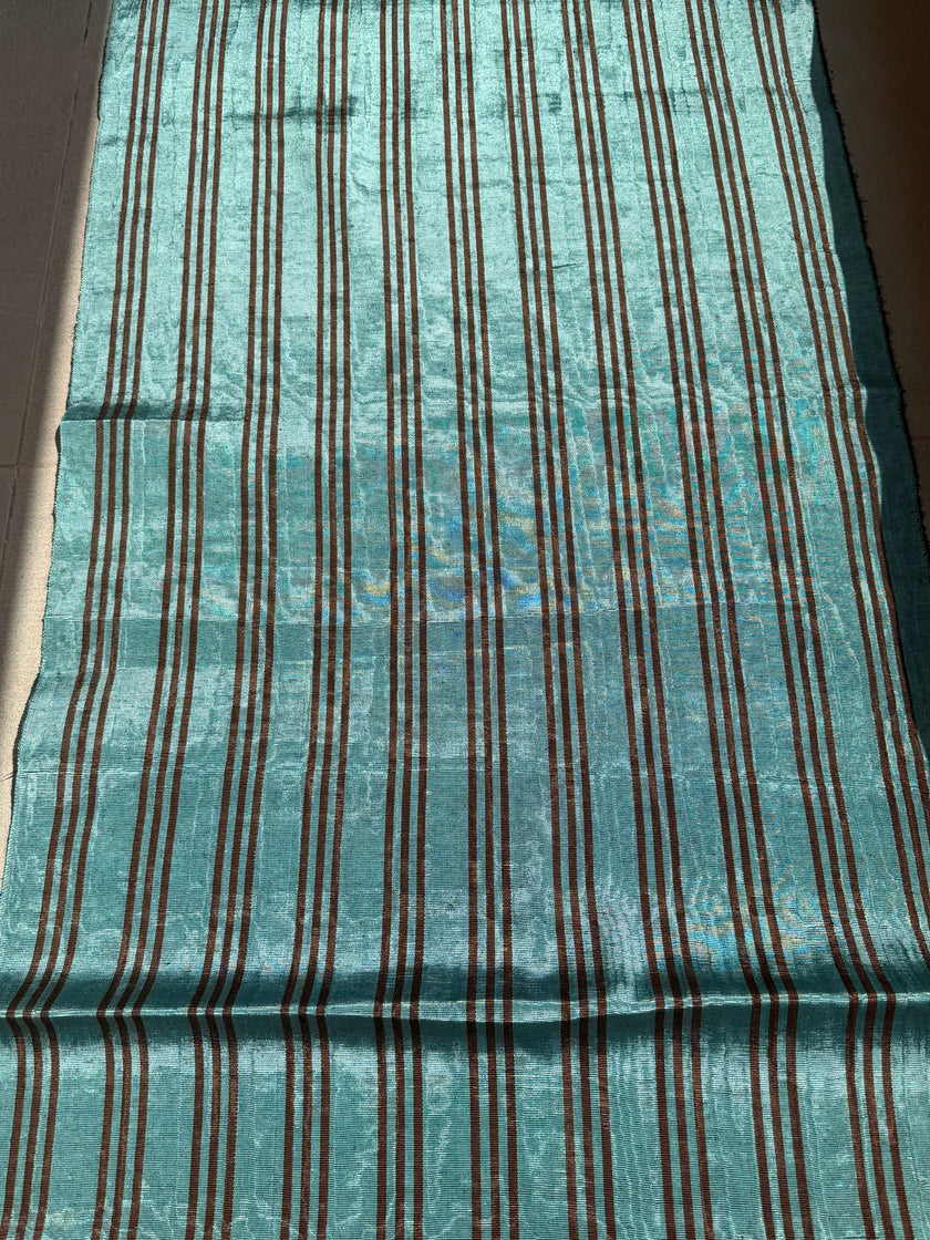 Aqua Brown Stripe Silk Moiré Fabric – 50/50 Silk Cotton Blend | Ottoman-Inspired Textile