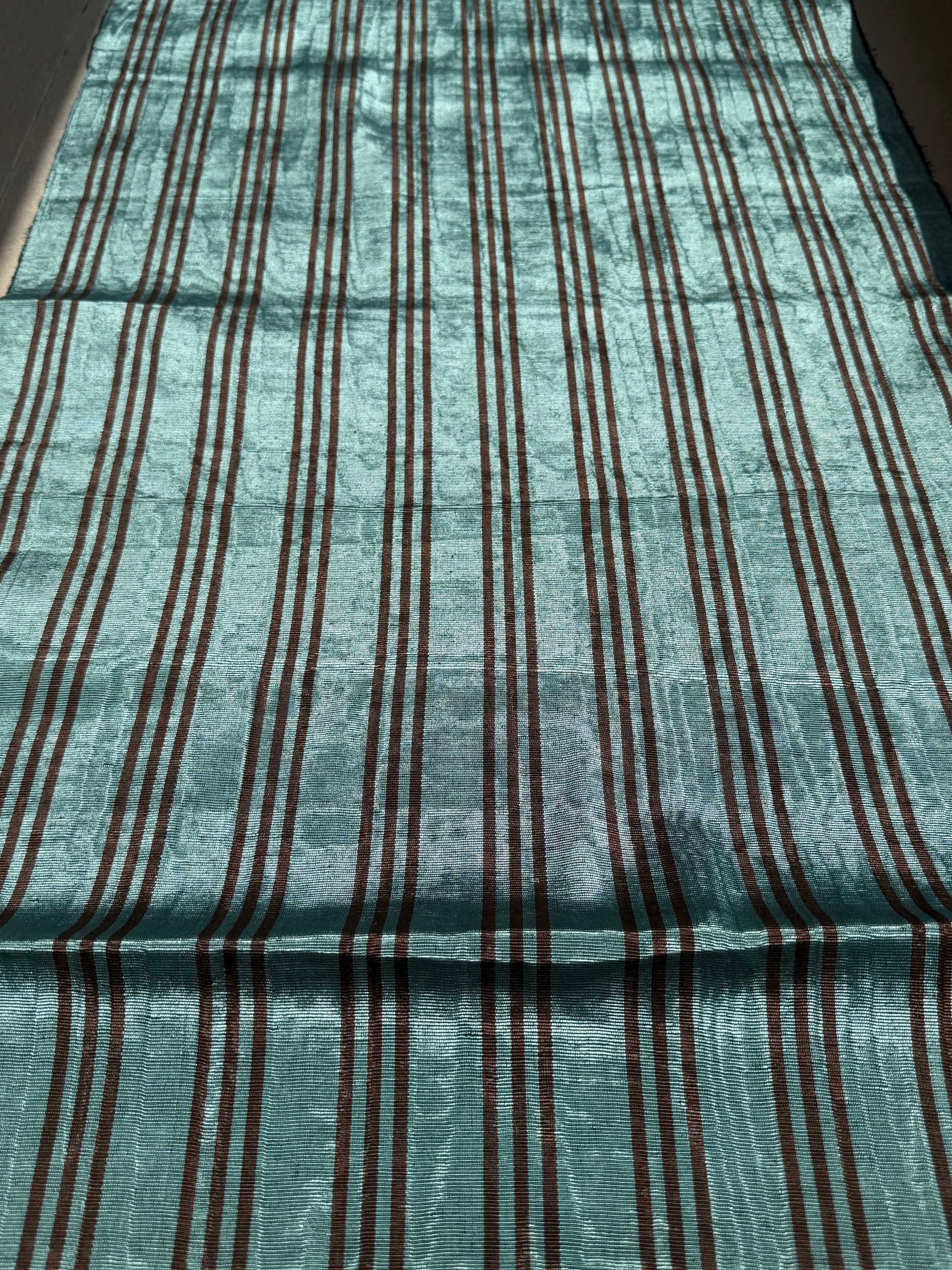 Aqua Brown Stripe Silk Moiré Fabric – 50/50 Silk Cotton Blend | Ottoman-Inspired Textile