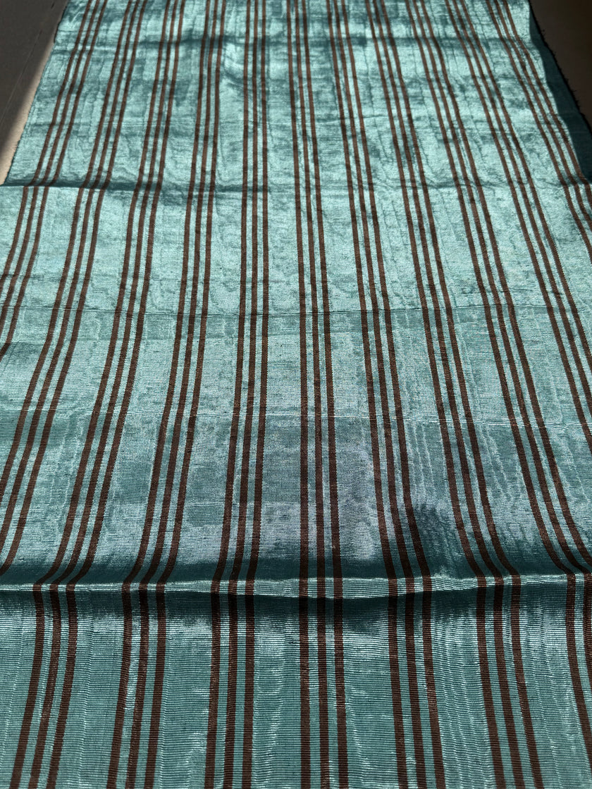 Aqua Brown Stripe Silk Moiré Fabric – 50/50 Silk Cotton Blend | Ottoman-Inspired Textile