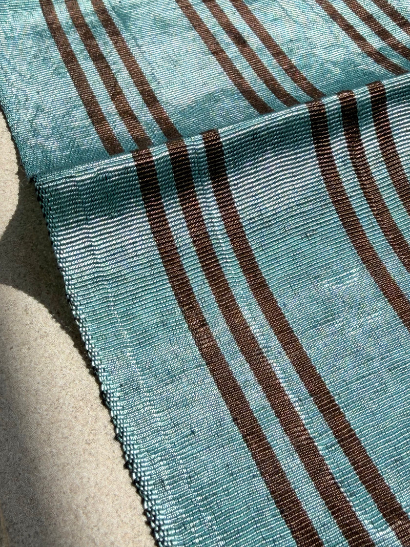 Aqua Brown Stripe Silk Moiré Fabric – 50/50 Silk Cotton Blend | Ottoman-Inspired Textile