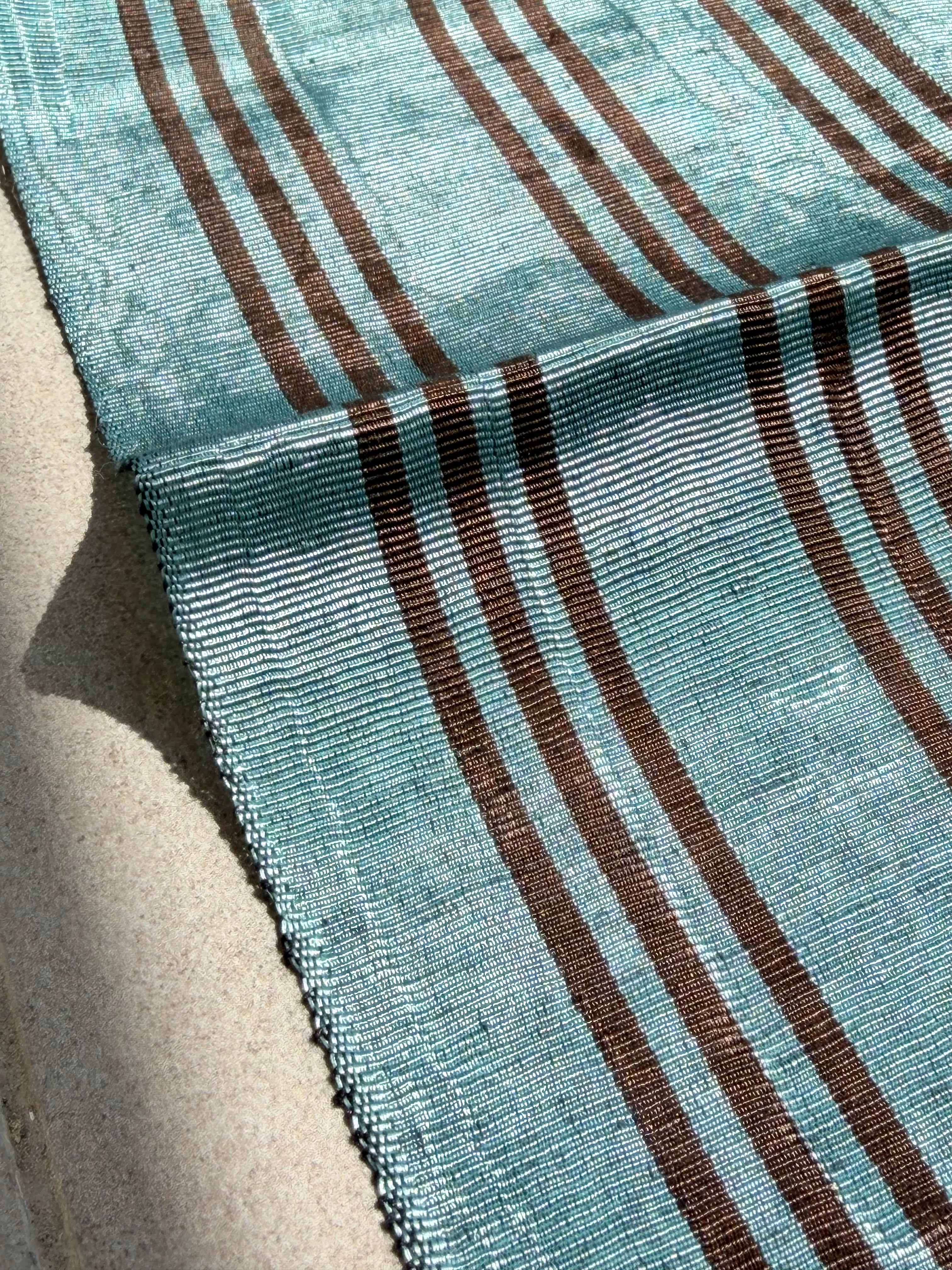 Aqua Brown Stripe Silk Moiré Fabric – 50/50 Silk Cotton Blend | Ottoman-Inspired Textile