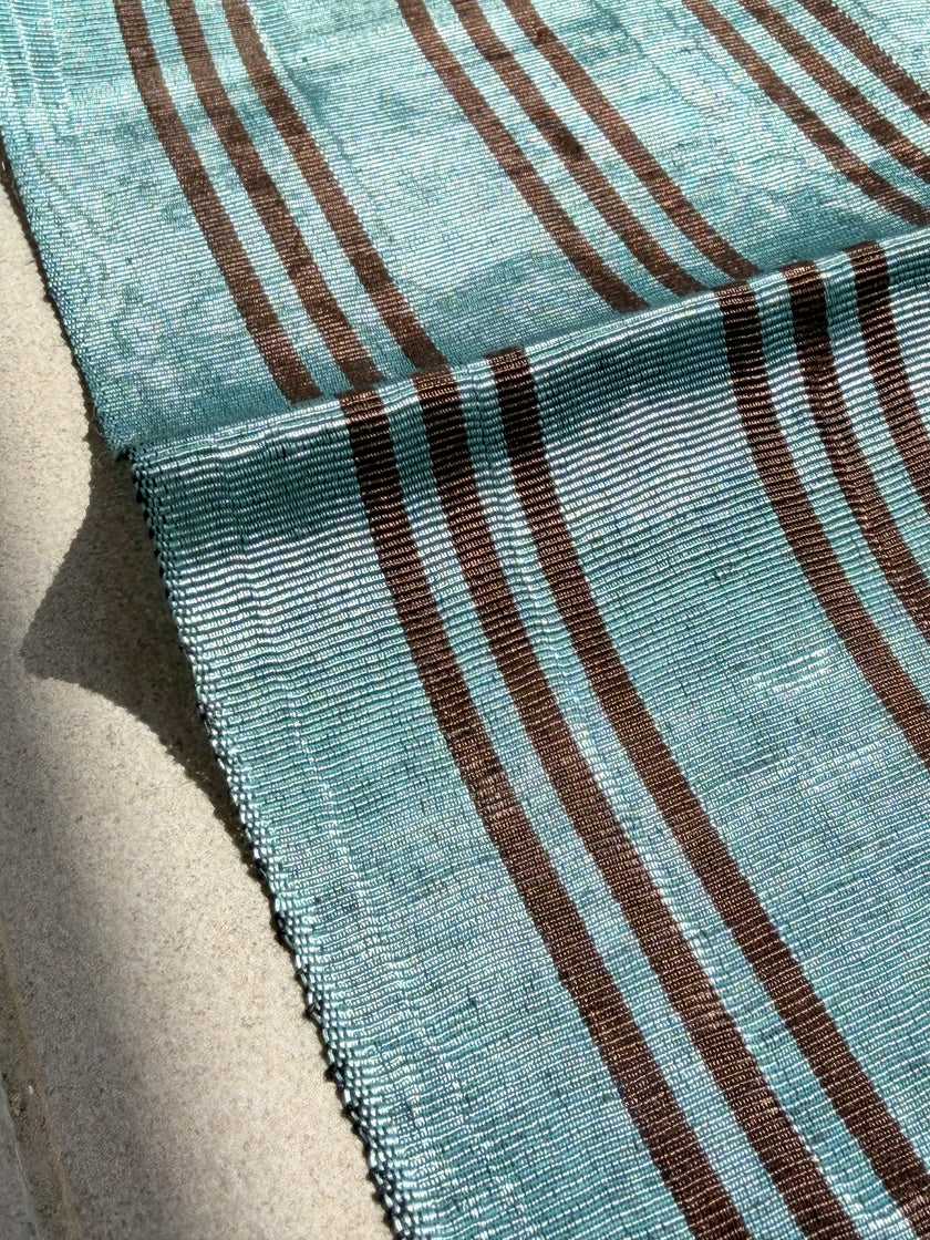 Aqua Brown Stripe Silk Moiré Fabric – 50/50 Silk Cotton Blend | Ottoman-Inspired Textile