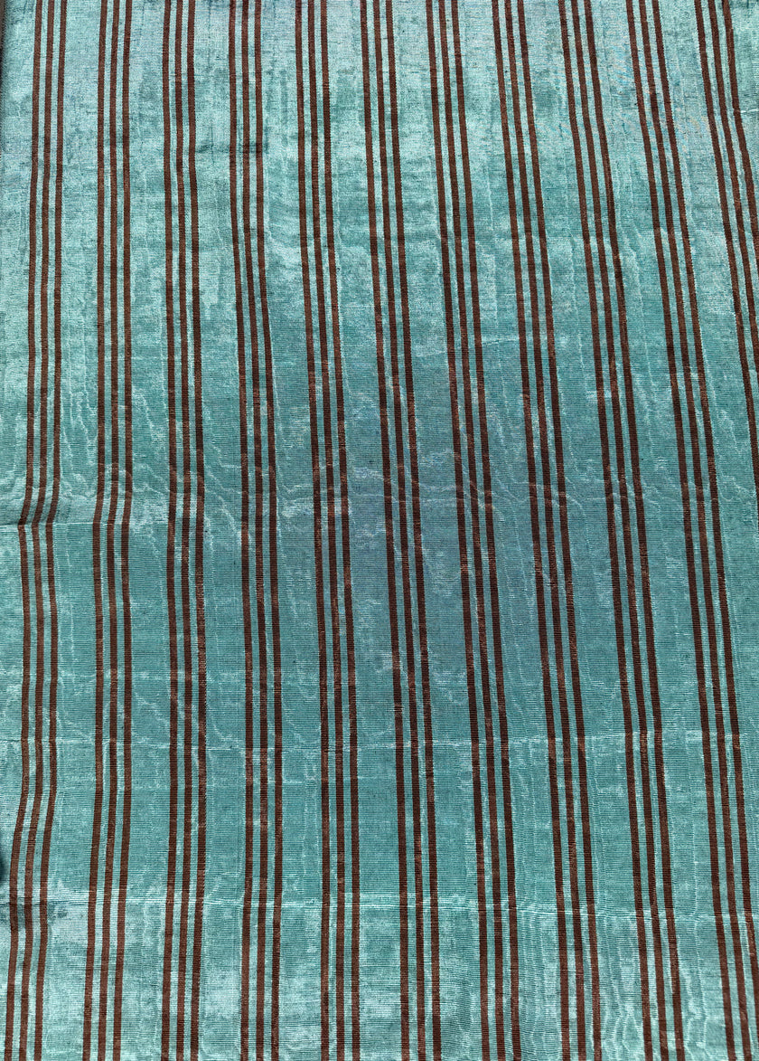 Aqua Brown Stripe Silk Moiré Fabric – 50/50 Silk Cotton Blend | Ottoman-Inspired Textile