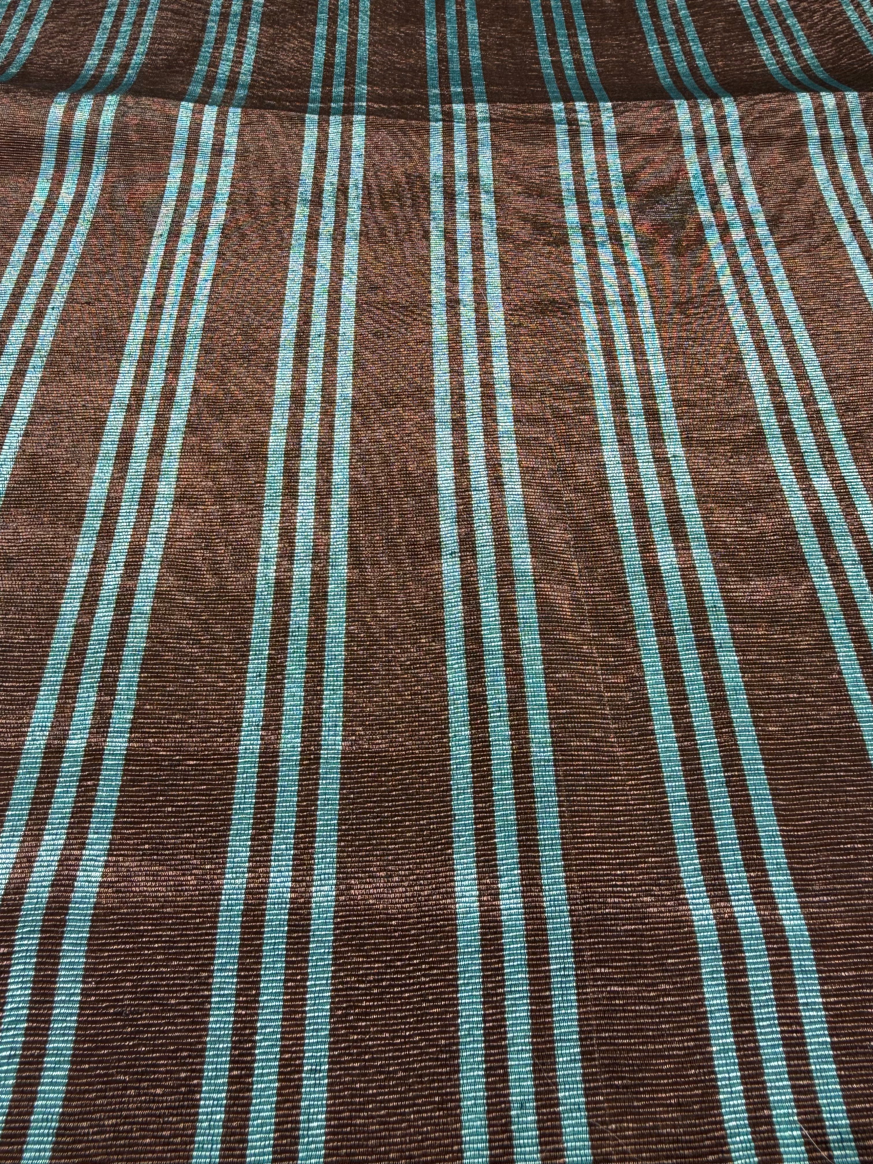 Brown Aqua Stripe Silk Moiré Fabric – 50/50 Silk Cotton Blend | Ottoman-Inspired Textile