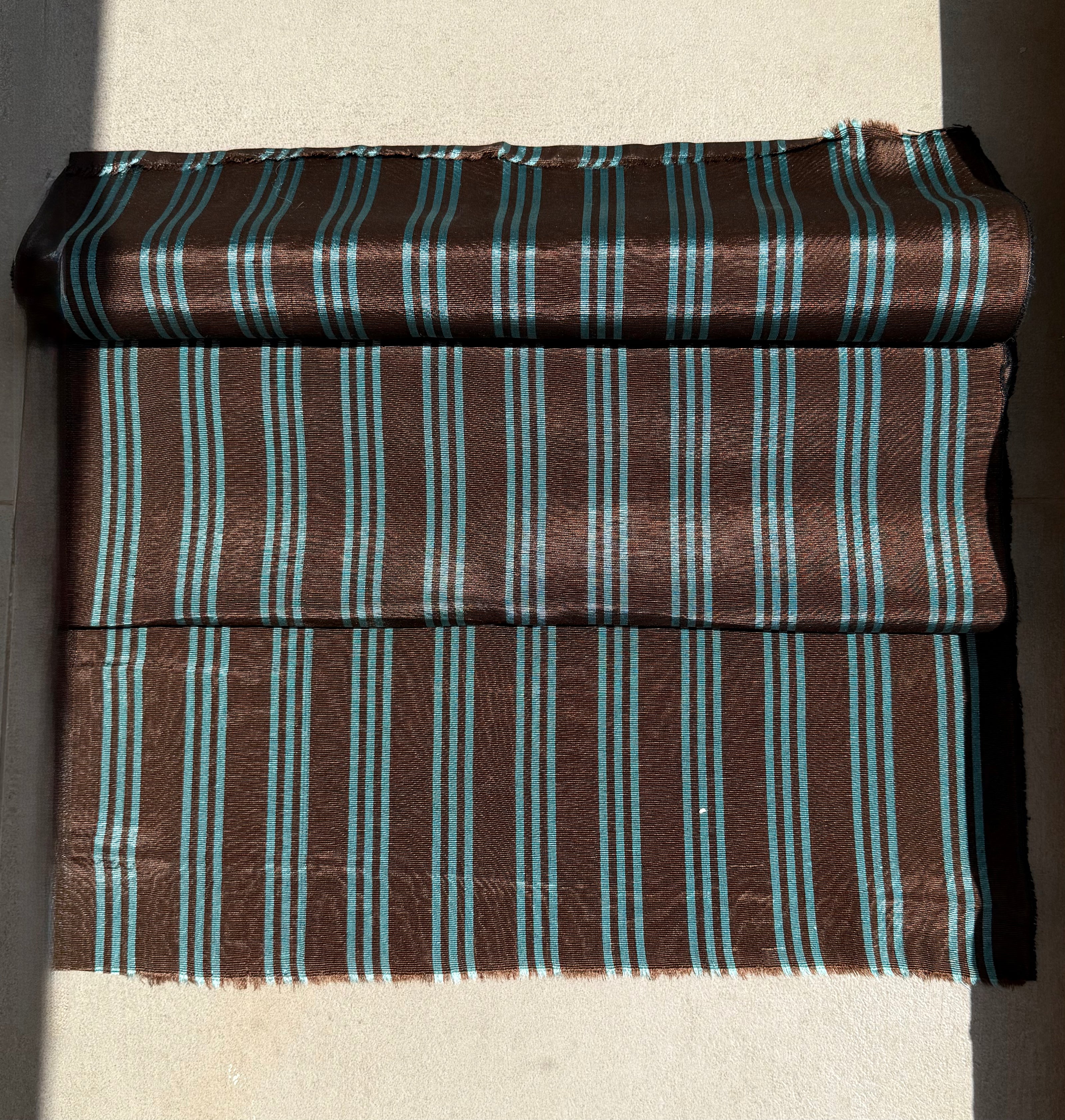 Brown Aqua Stripe Silk Moiré Fabric – 50/50 Silk Cotton Blend | Ottoman-Inspired Textile