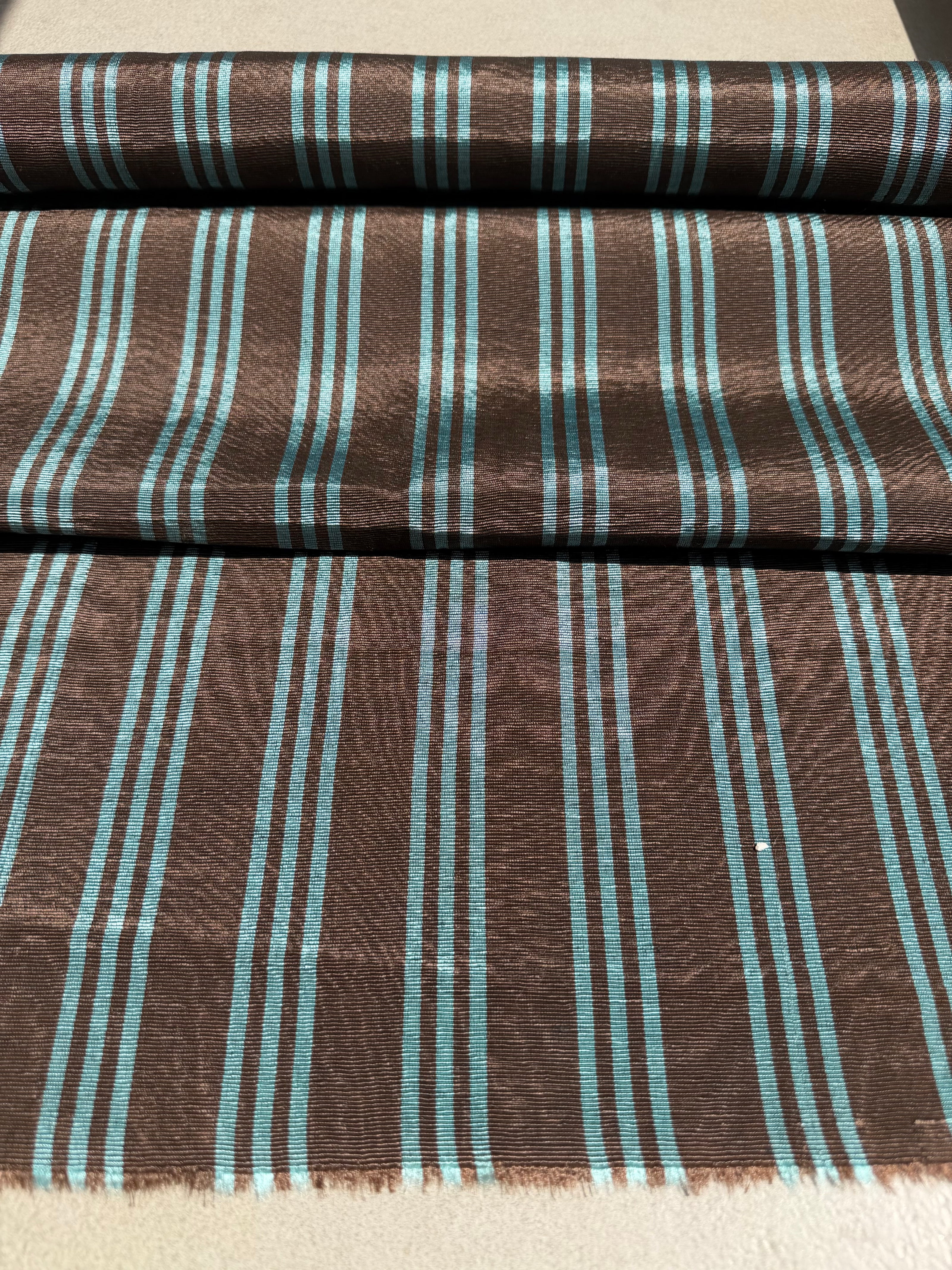 Brown Aqua Stripe Silk Moiré Fabric – 50/50 Silk Cotton Blend | Ottoman-Inspired Textile