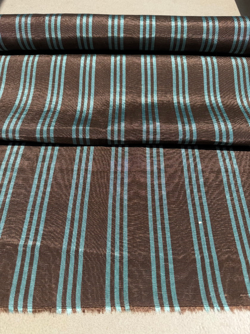 Brown Aqua Stripe Silk Moiré Fabric – 50/50 Silk Cotton Blend | Ottoman-Inspired Textile
