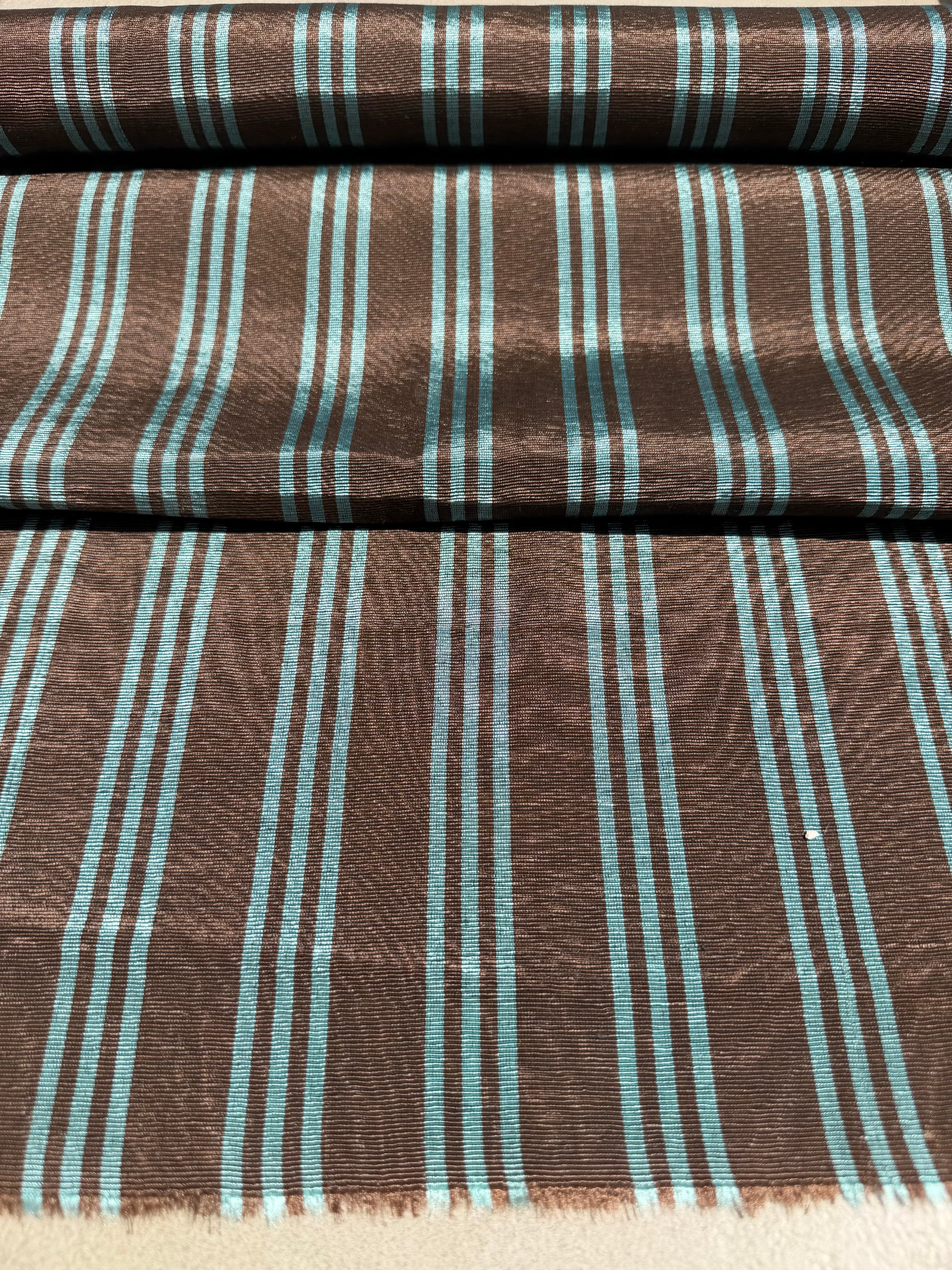 Brown Aqua Stripe Silk Moiré Fabric – 50/50 Silk Cotton Blend | Ottoman-Inspired Textile