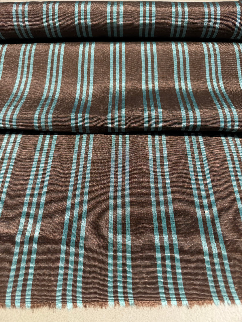 Brown Aqua Stripe Silk Moiré Fabric – 50/50 Silk Cotton Blend | Ottoman-Inspired Textile