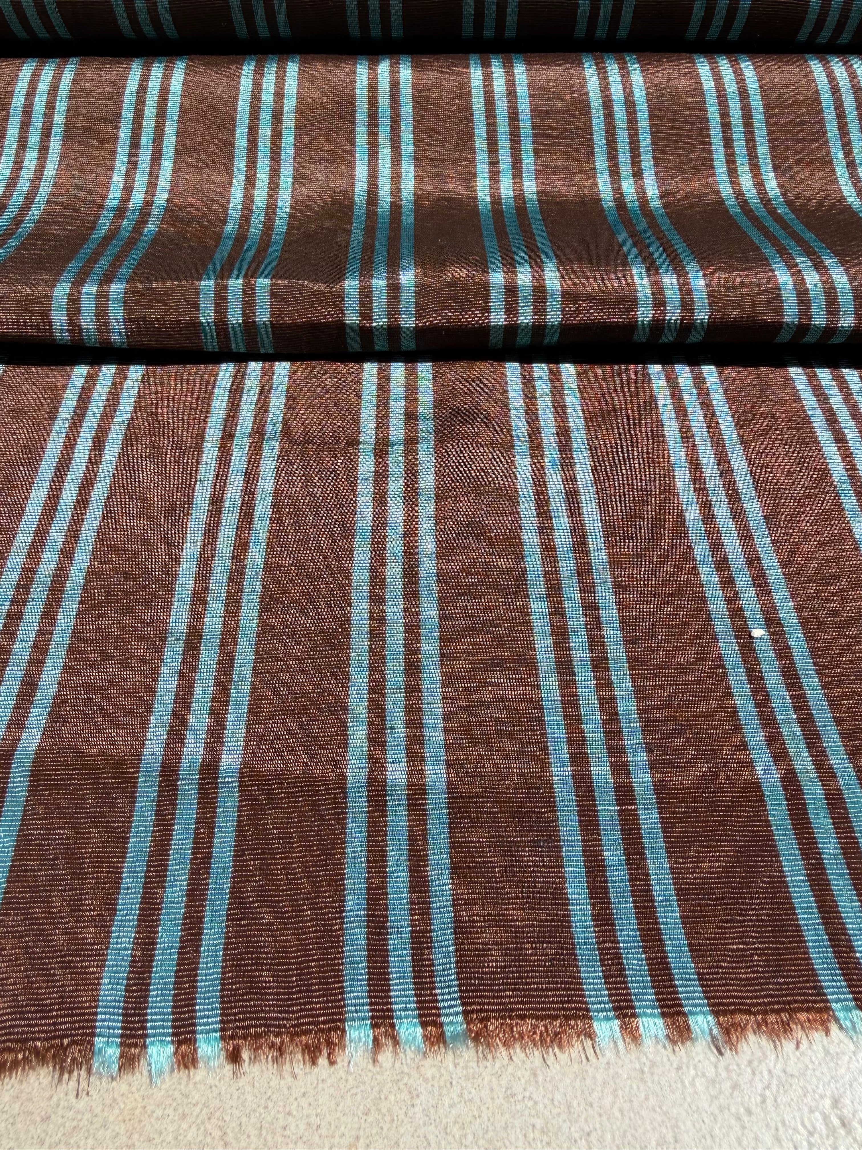 Brown Aqua Stripe Silk Moiré Fabric – 50/50 Silk Cotton Blend | Ottoman-Inspired Textile