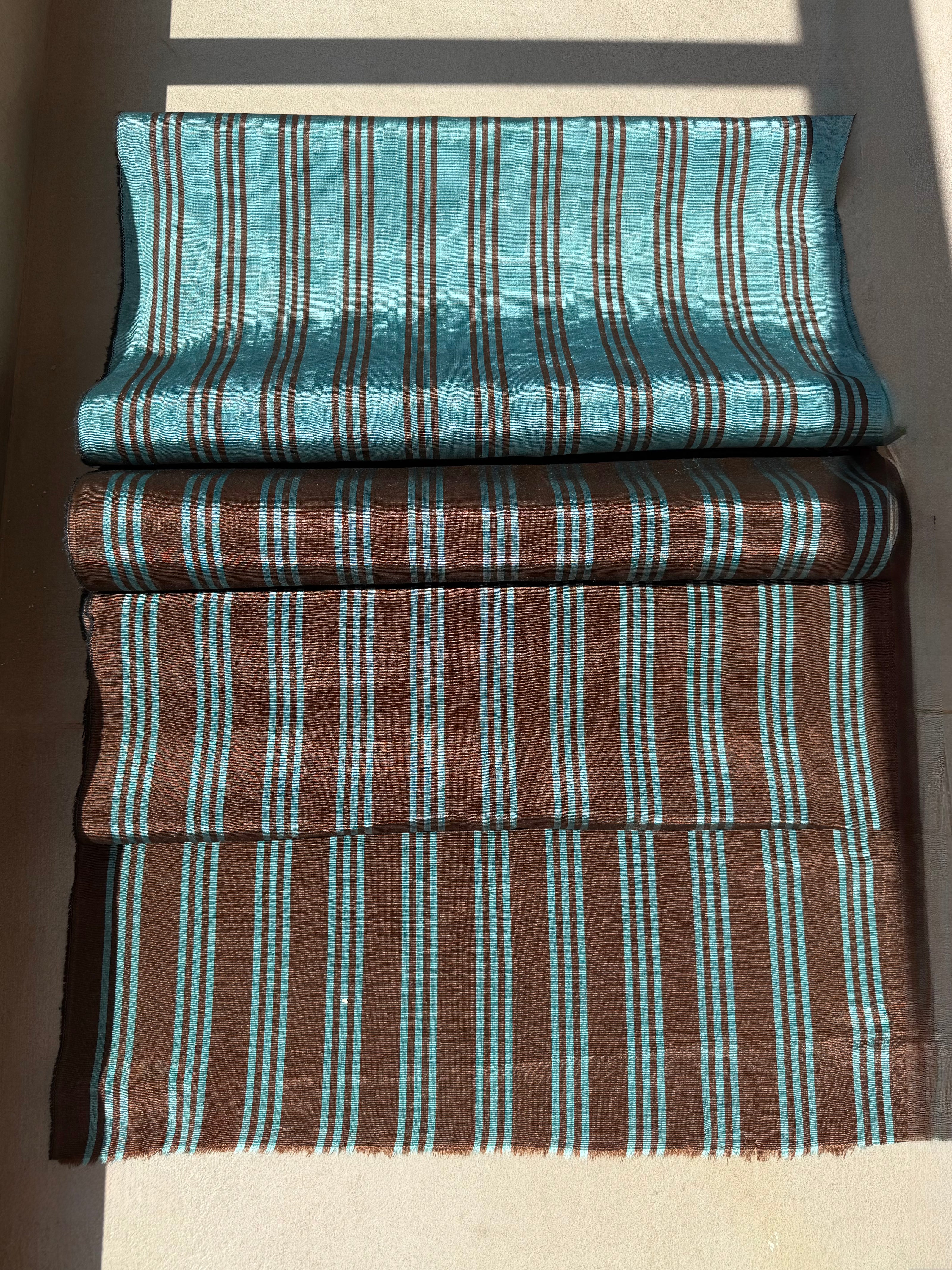 Brown Aqua Stripe Silk Moiré Fabric – 50/50 Silk Cotton Blend | Ottoman-Inspired Textile