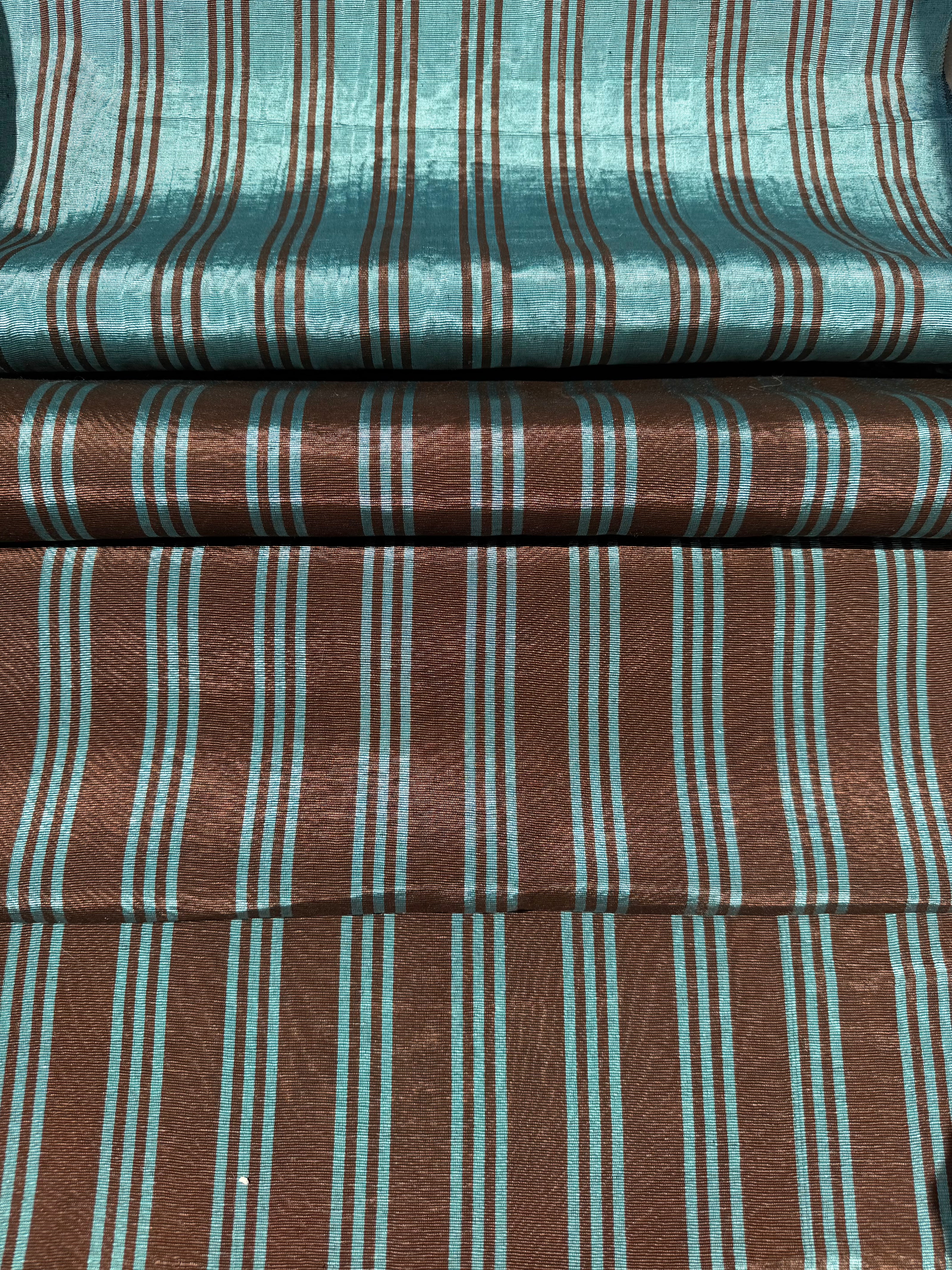 Brown Aqua Stripe Silk Moiré Fabric – 50/50 Silk Cotton Blend | Ottoman-Inspired Textile