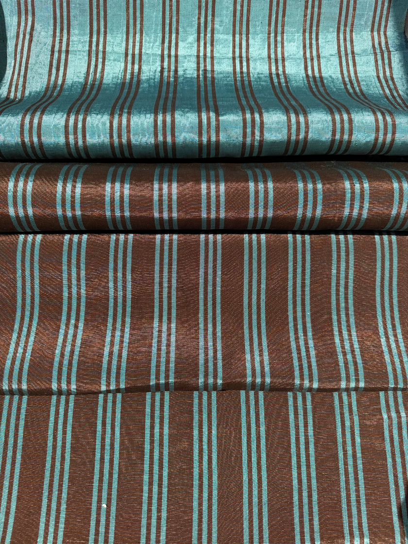 Brown Aqua Stripe Silk Moiré Fabric – 50/50 Silk Cotton Blend | Ottoman-Inspired Textile