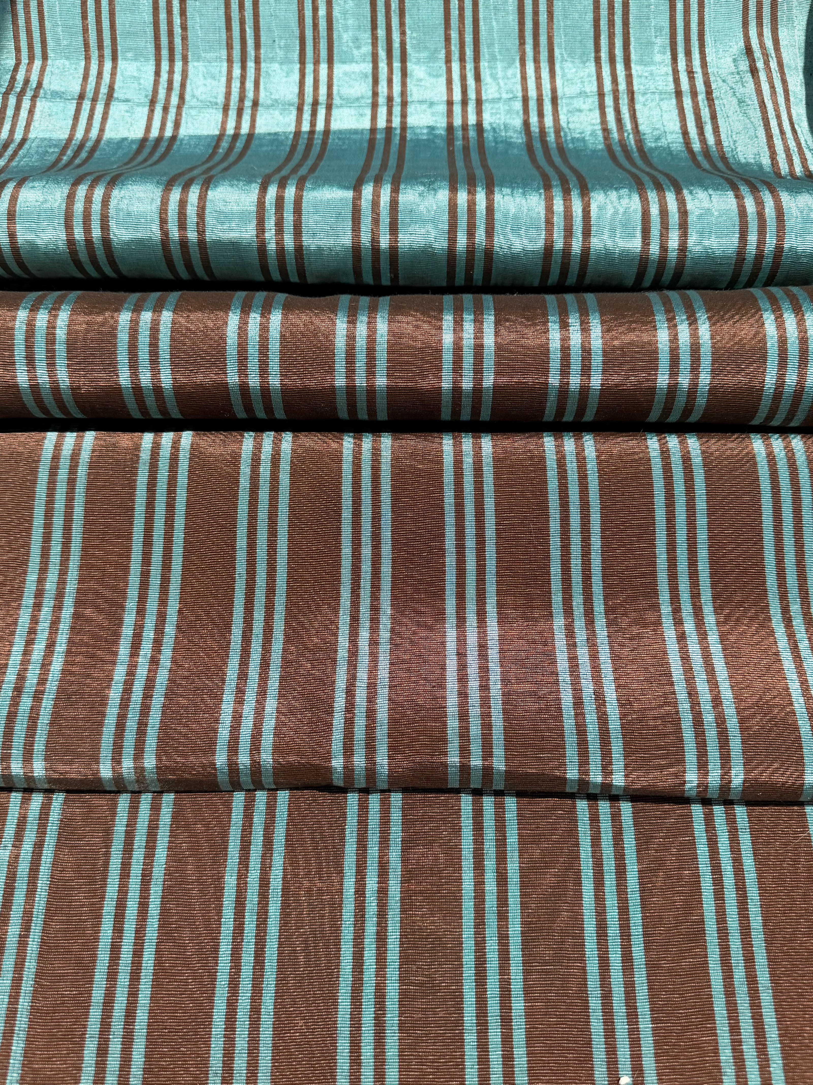 Brown Aqua Stripe Silk Moiré Fabric – 50/50 Silk Cotton Blend | Ottoman-Inspired Textile