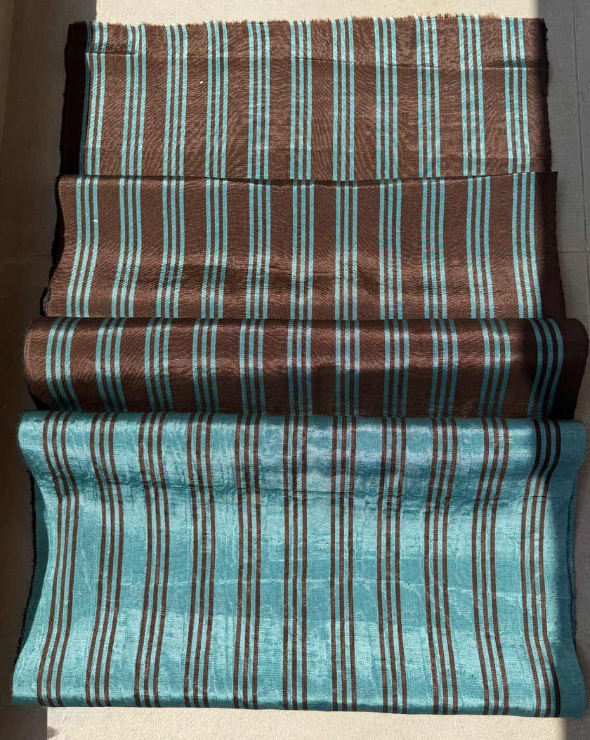 Brown Aqua Stripe Silk Moiré Fabric – 50/50 Silk Cotton Blend | Ottoman-Inspired Textile