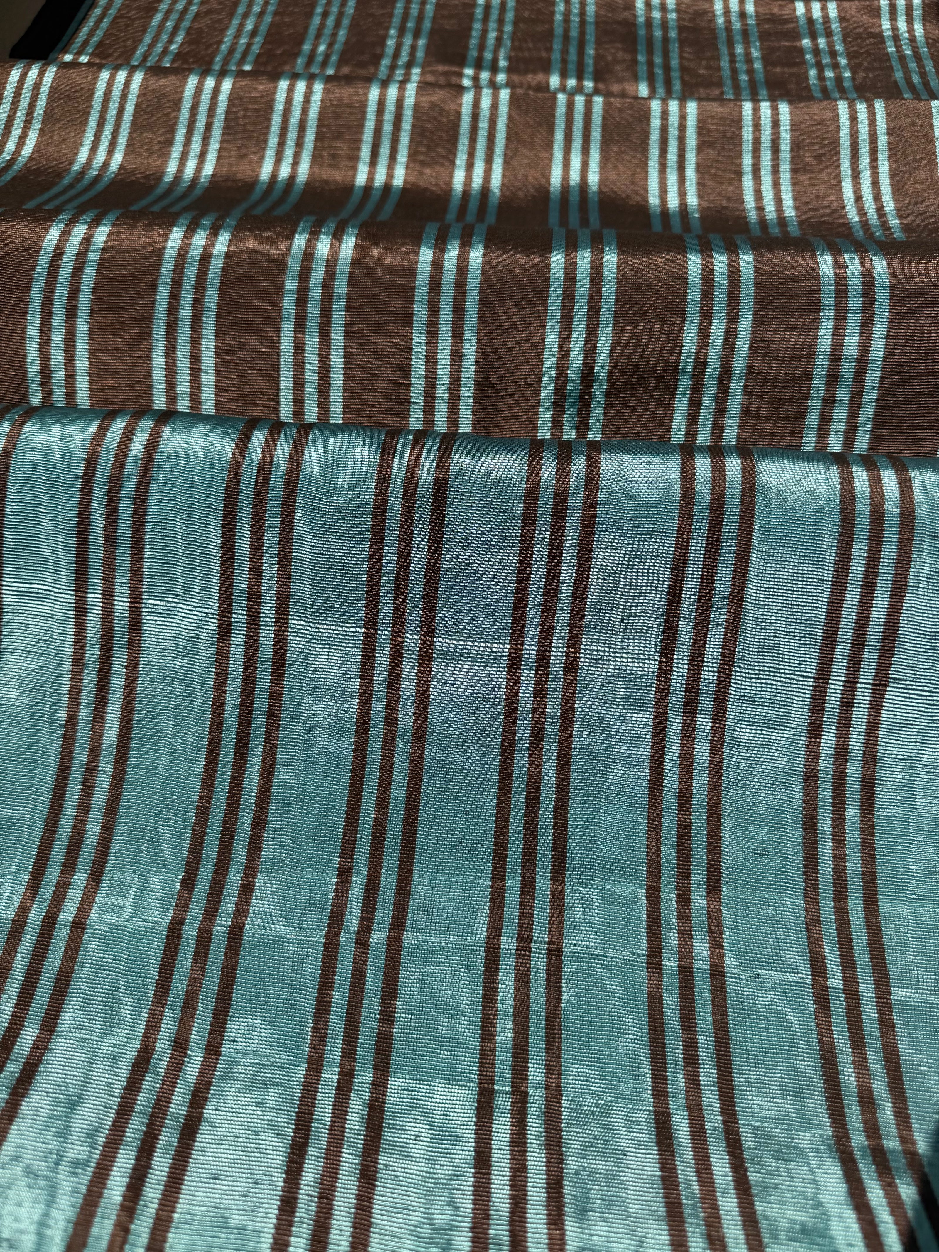 Brown Aqua Stripe Silk Moiré Fabric – 50/50 Silk Cotton Blend | Ottoman-Inspired Textile