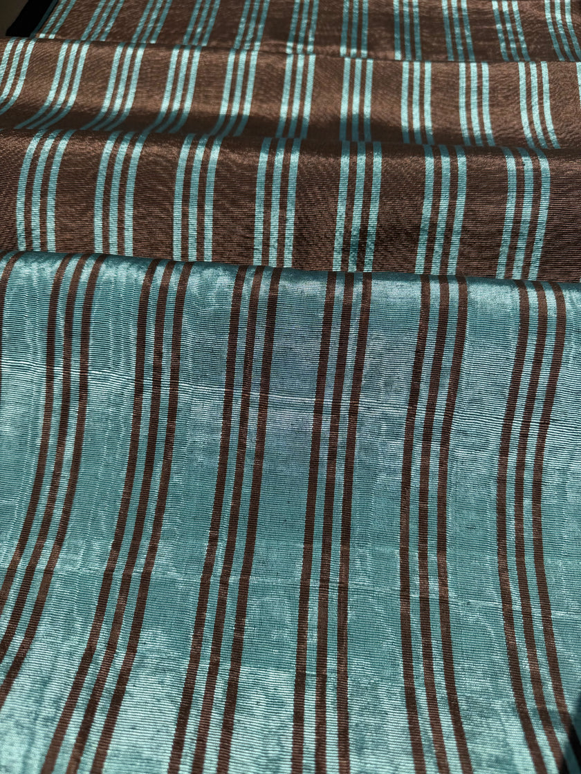 Brown Aqua Stripe Silk Moiré Fabric – 50/50 Silk Cotton Blend | Ottoman-Inspired Textile
