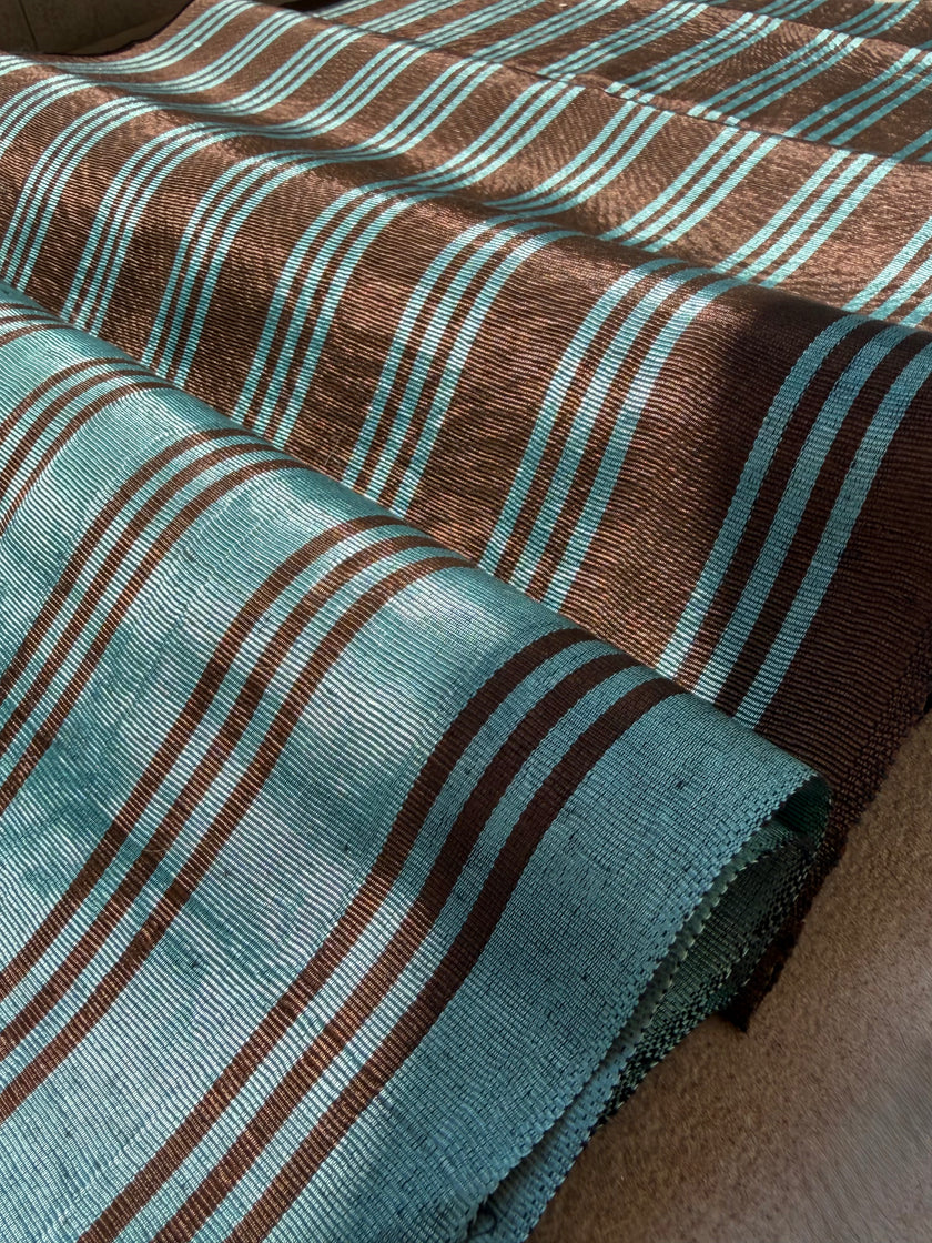 Brown Aqua Stripe Silk Moiré Fabric – 50/50 Silk Cotton Blend | Ottoman-Inspired Textile