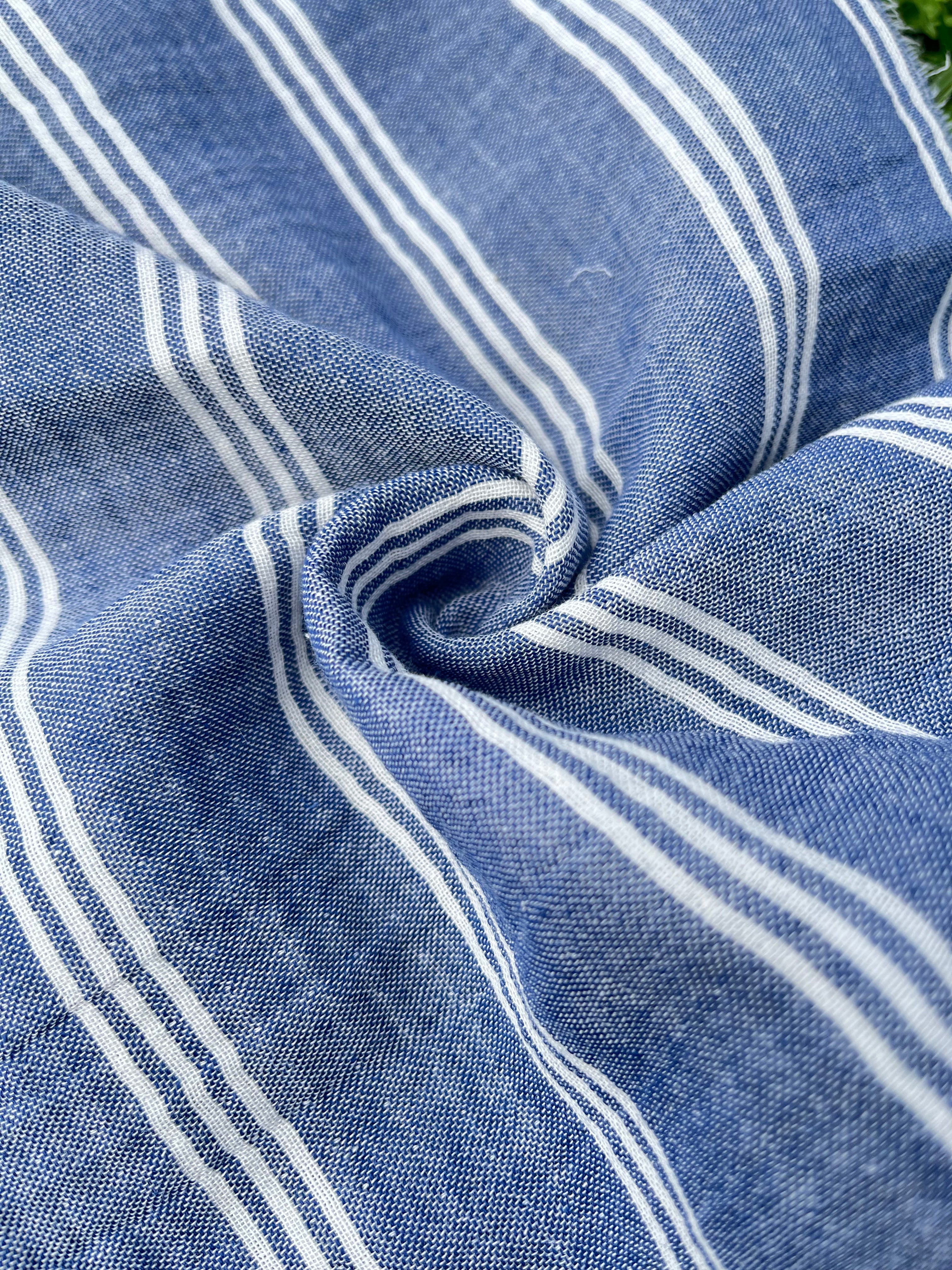 Muslin Fabric By The Yard - Blue White Stripes - Undyed Natural Option