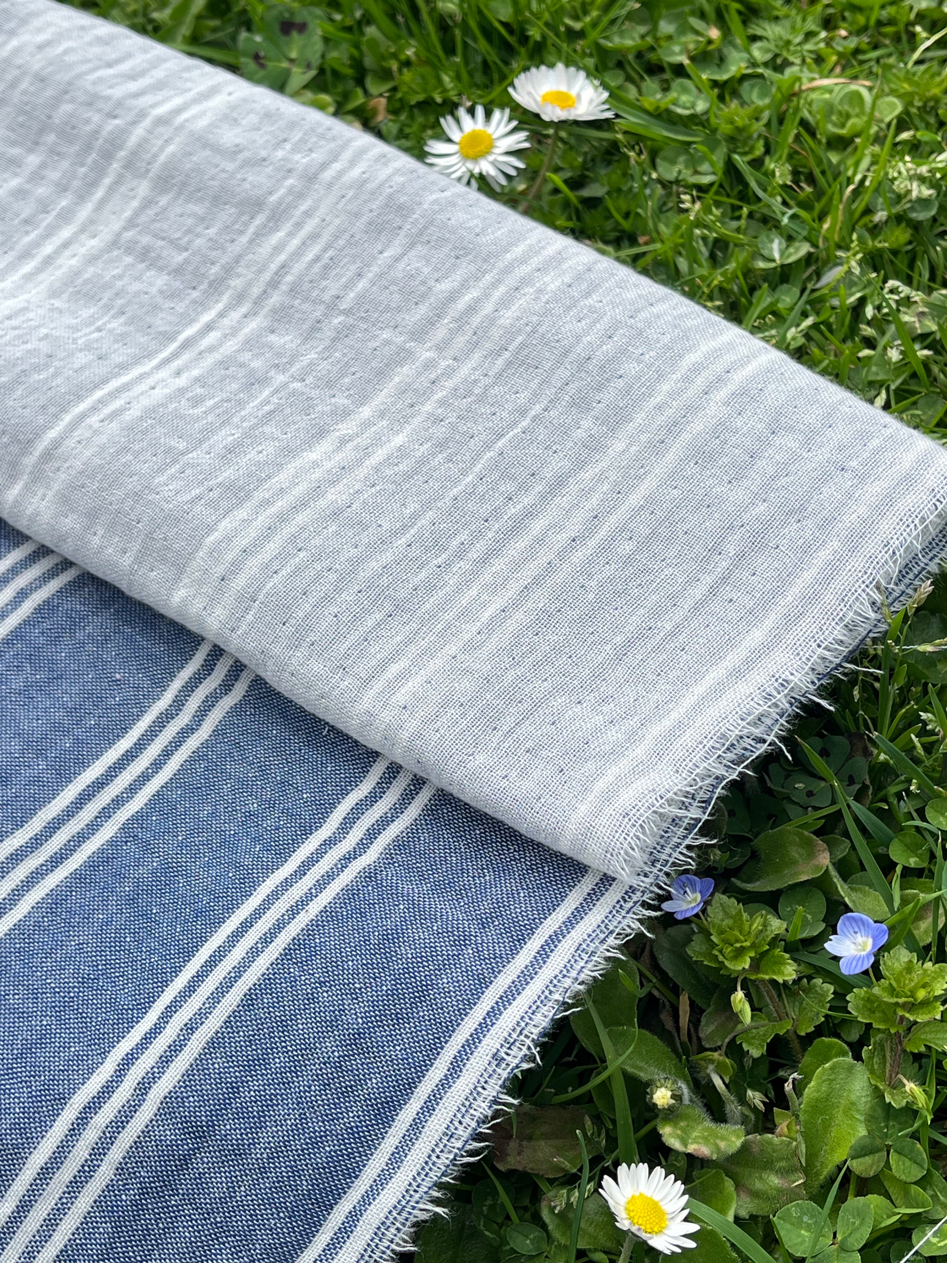 Muslin Fabric By The Yard - Blue White Stripes - Undyed Natural Option