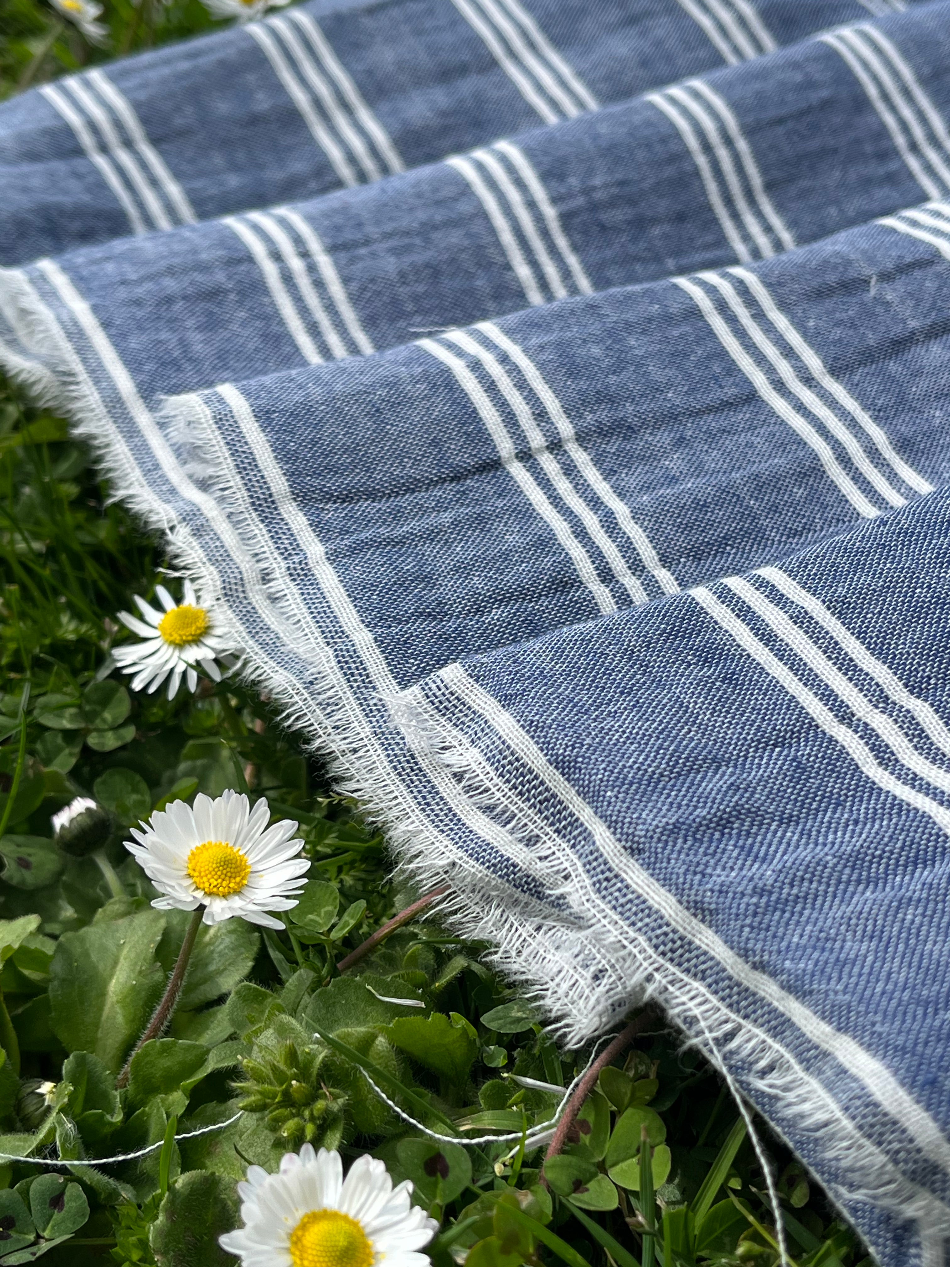 Muslin Fabric By The Yard - Blue White Stripes - Undyed Natural Option