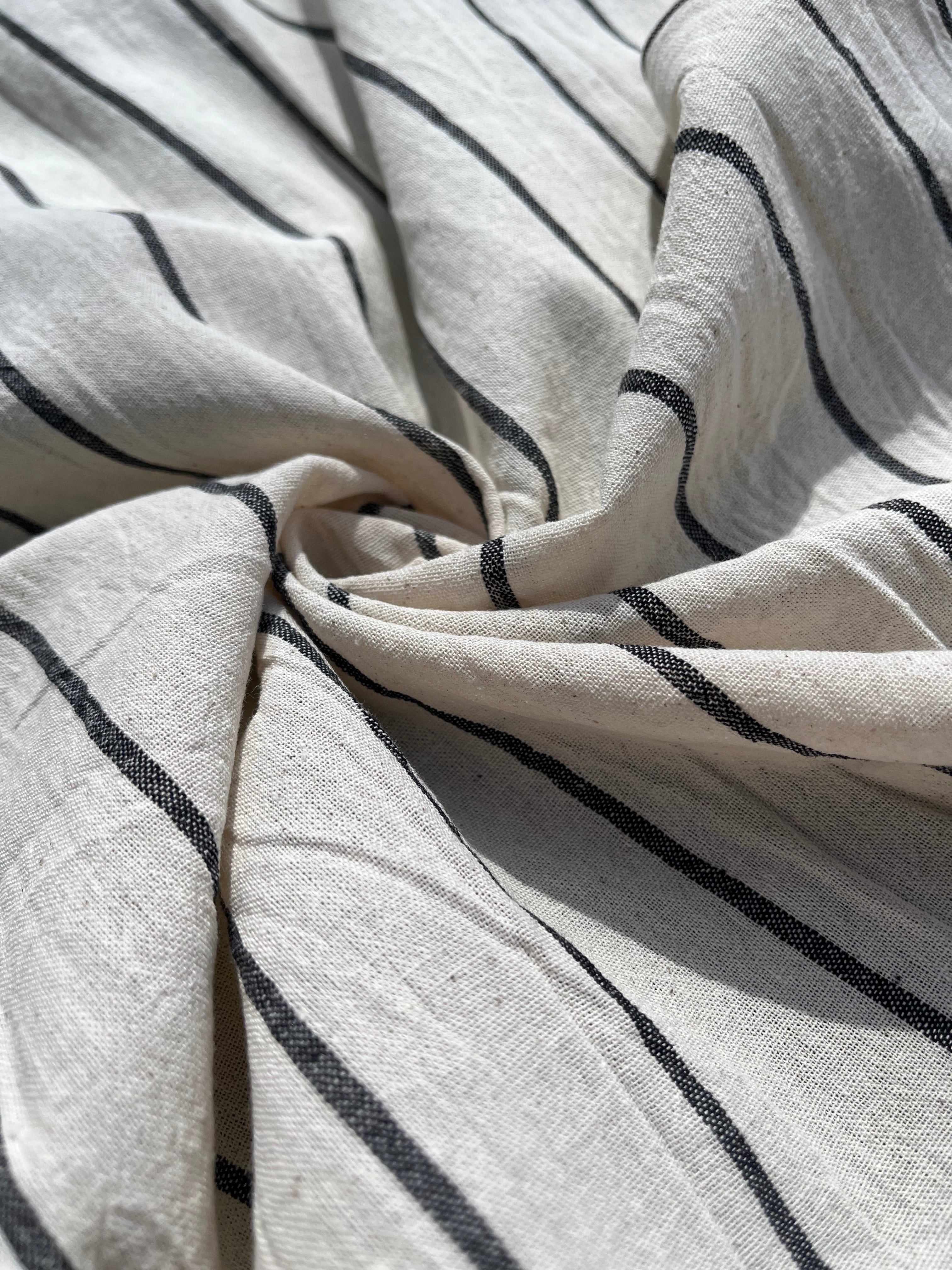 Navy - Black Striped Neutral Organic Cotton Fabric By The Meter.