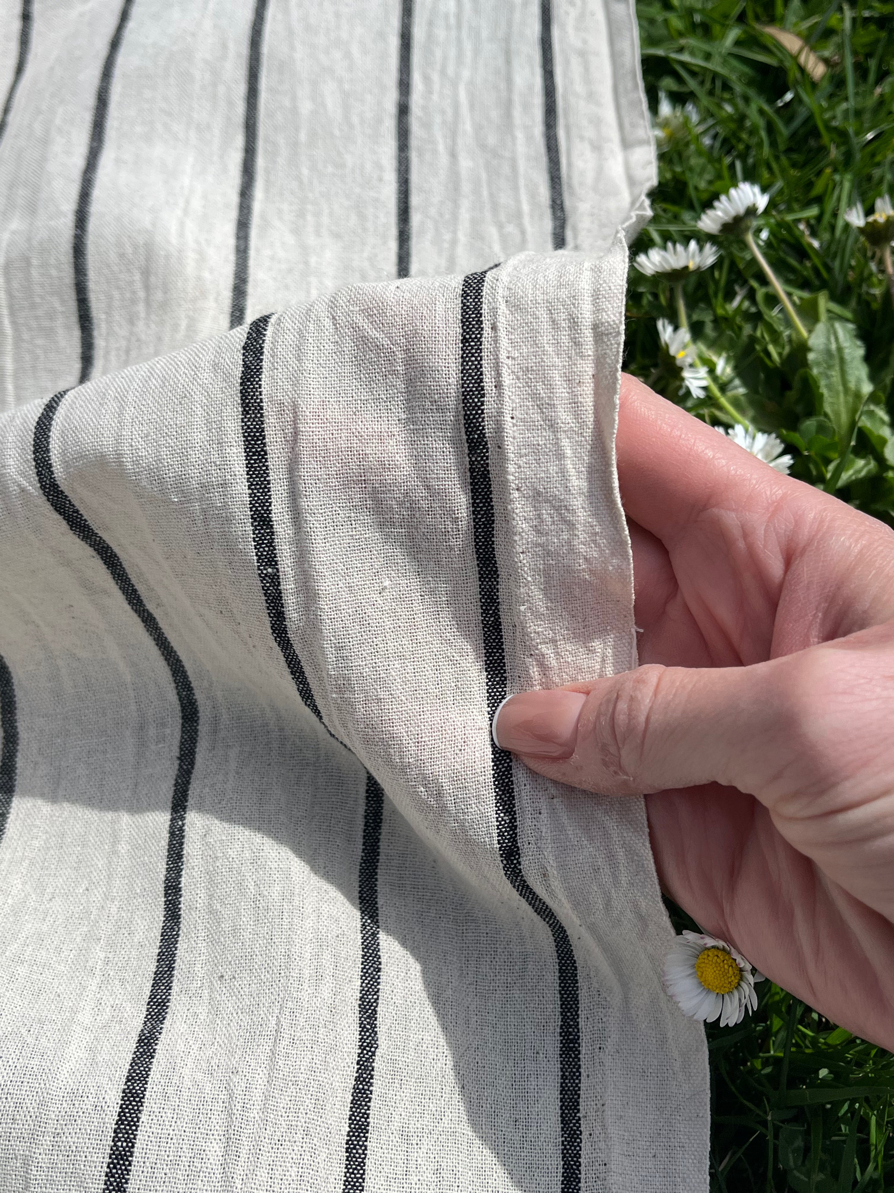 Navy - Black Striped Neutral Organic Cotton Fabric By The Meter.