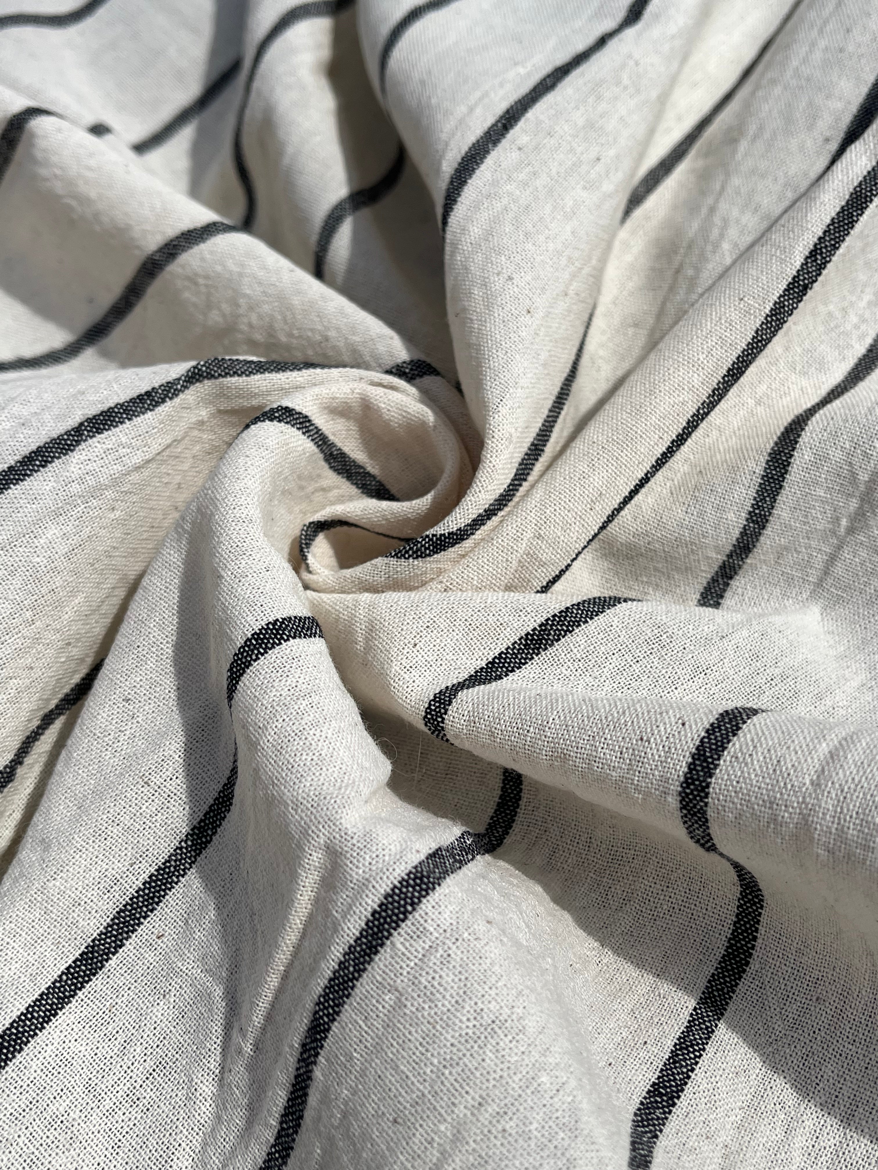 Navy - Black Striped Neutral Organic Cotton Fabric By The Meter.