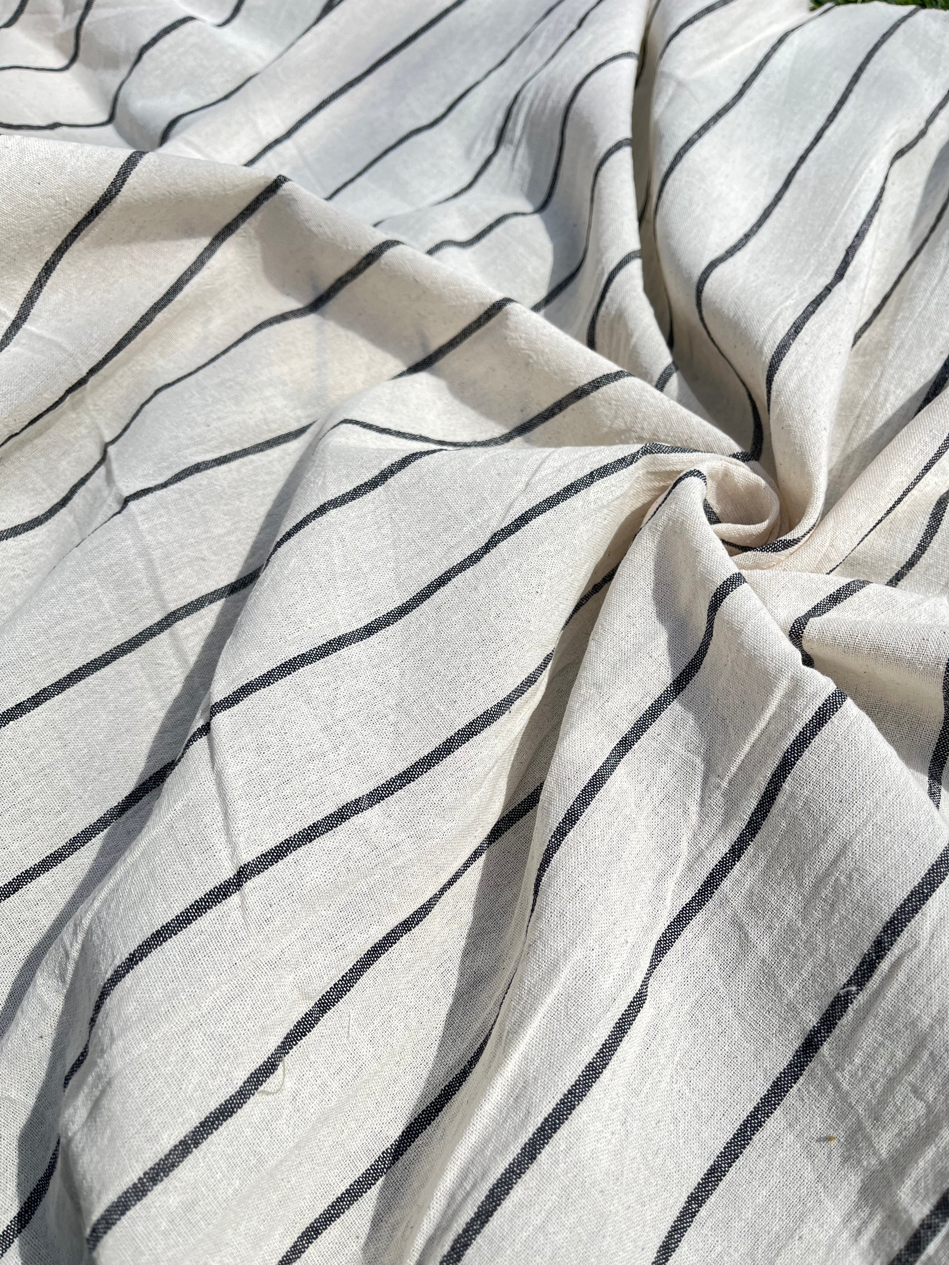 Navy - Black Striped Neutral Organic Cotton Fabric By The Meter.