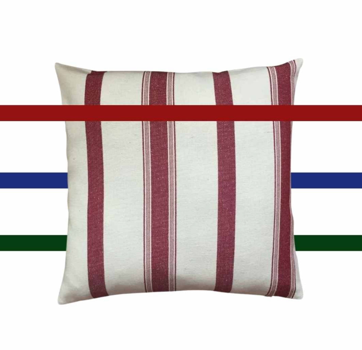 Kırmızı Çizgili Ağır Ağırlık Yumuşatılmış Keten Pamuklu Kumaş Metre 240g/m2 - Döşemelik Çizgili Fransız Stili - Doğal Döşemelik Kumaşlar.