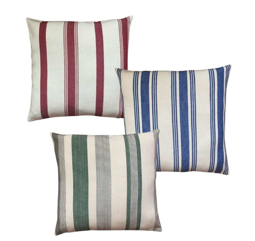 Kırmızı Çizgili Ağır Ağırlık Yumuşatılmış Keten Pamuklu Kumaş Metre 240g/m2 - Döşemelik Çizgili Fransız Stili - Doğal Döşemelik Kumaşlar.