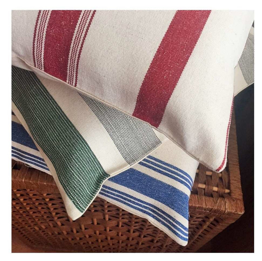 Kırmızı Çizgili Ağır Ağırlık Yumuşatılmış Keten Pamuklu Kumaş Metre 240g/m2 - Döşemelik Çizgili Fransız Stili - Doğal Döşemelik Kumaşlar.