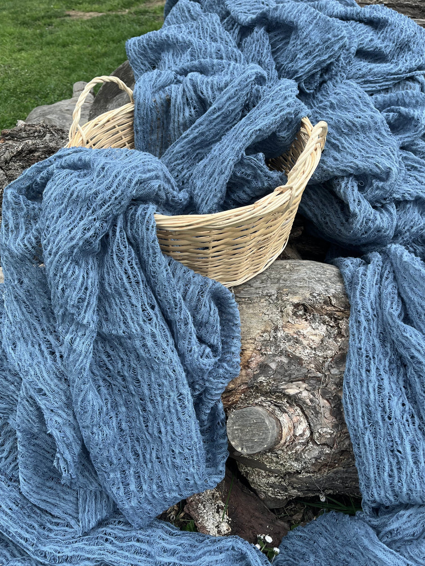 Indigo Blue Textured Sheer Linen Fabric.