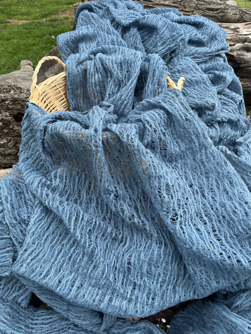 Indigo Blue Textured Sheer Linen Fabric.