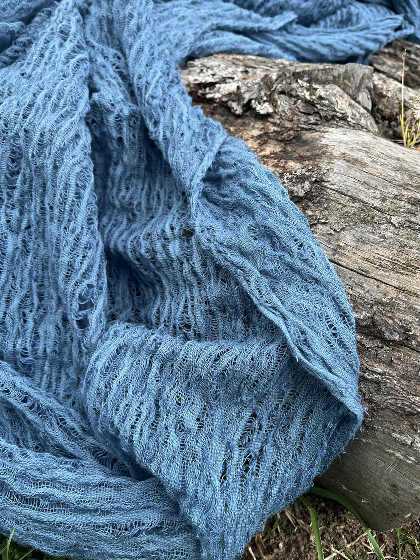 Indigo Blue Textured Sheer Linen Fabric.