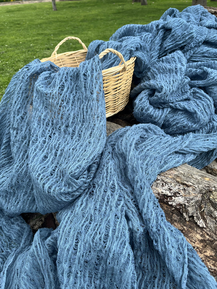 Indigo Blue Textured Sheer Linen Fabric.