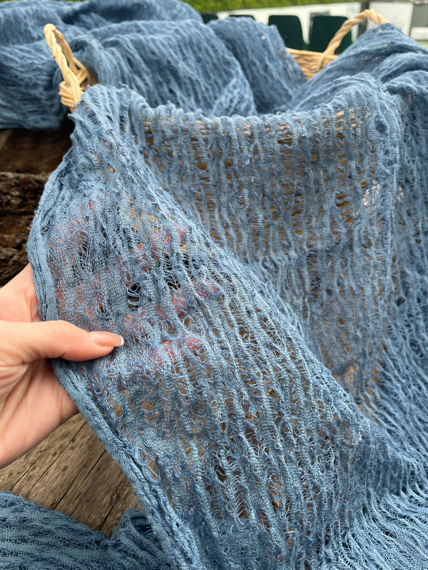 Indigo Blue Textured Sheer Linen Fabric.