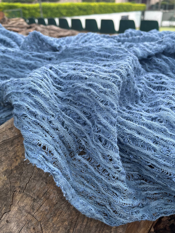 Indigo Blue Textured Sheer Linen Fabric.