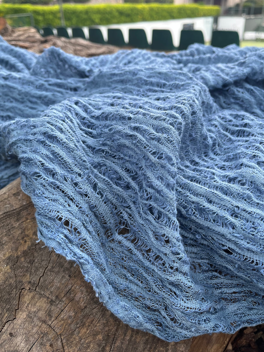 Indigo Blue Textured Sheer Linen Fabric.