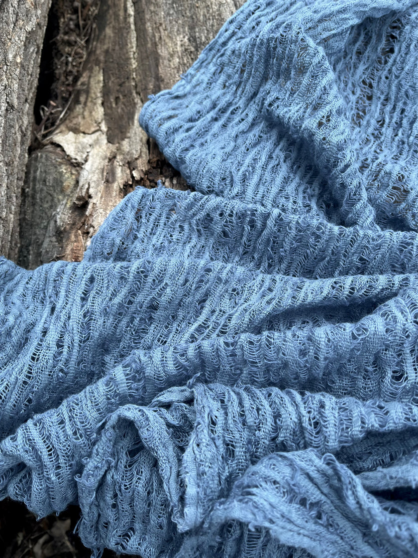 Indigo Blue Textured Sheer Linen Fabric.