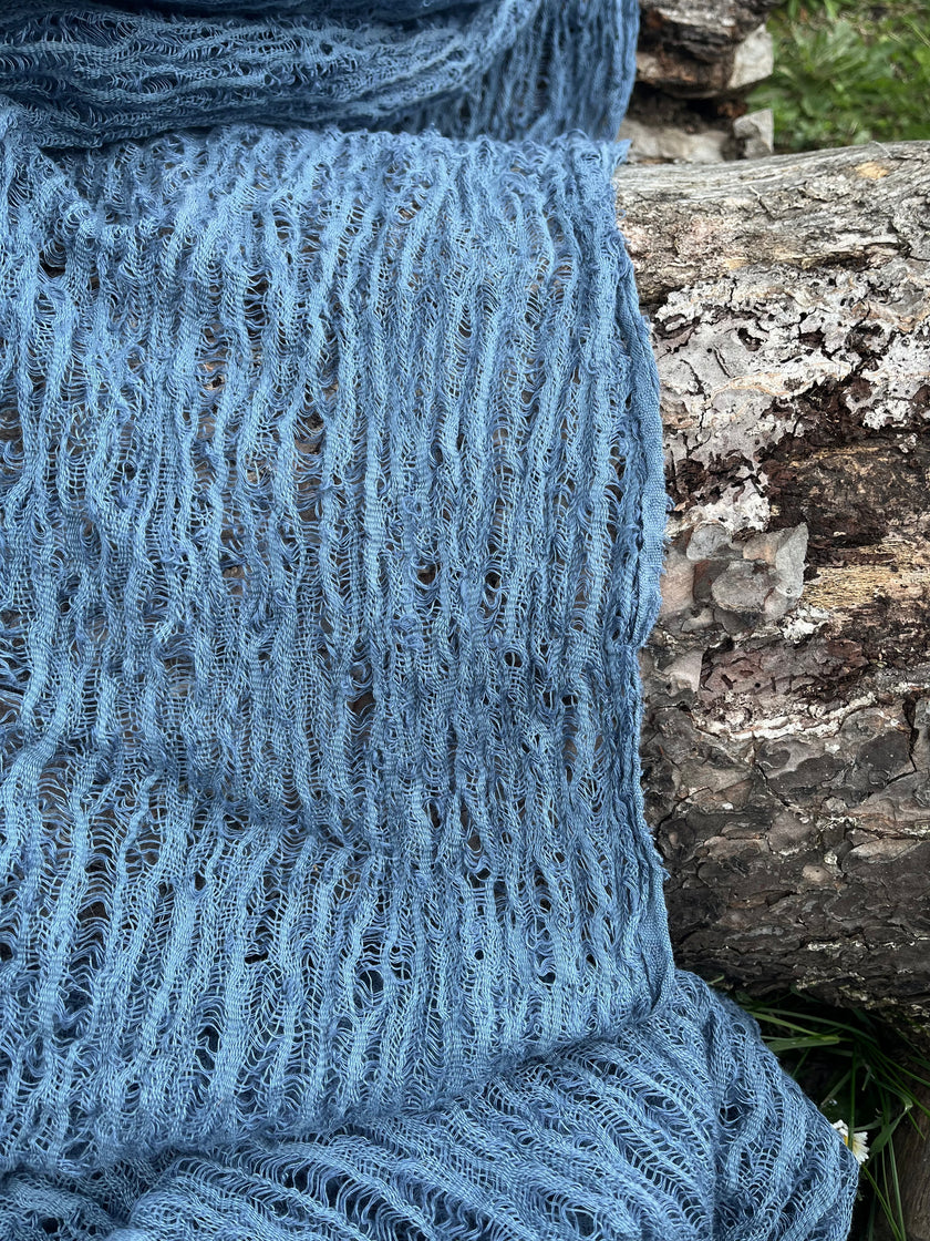 Indigo Blue Textured Sheer Linen Fabric.