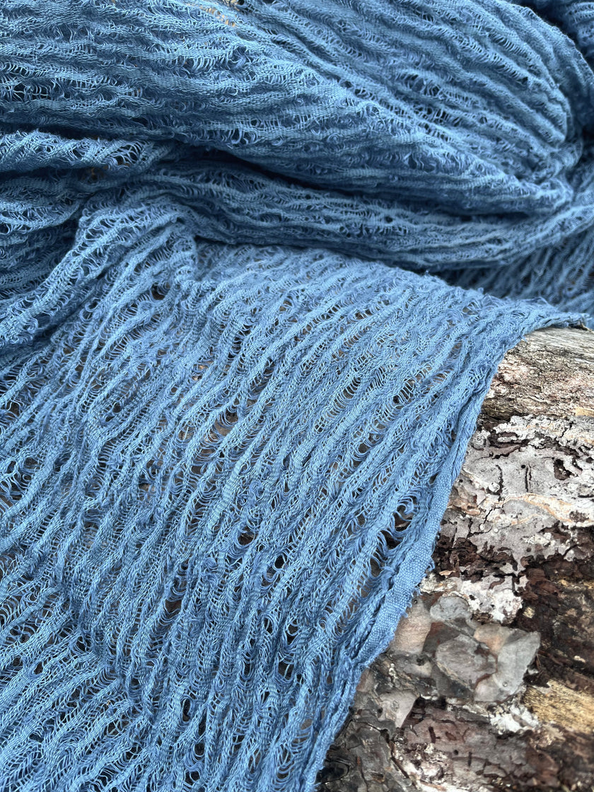 Indigo Blue Textured Sheer Linen Fabric.